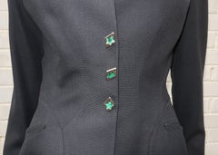 Thierry Mugler Black Linen Jacket With Sculptural Green Enamel Buttons, 1990's