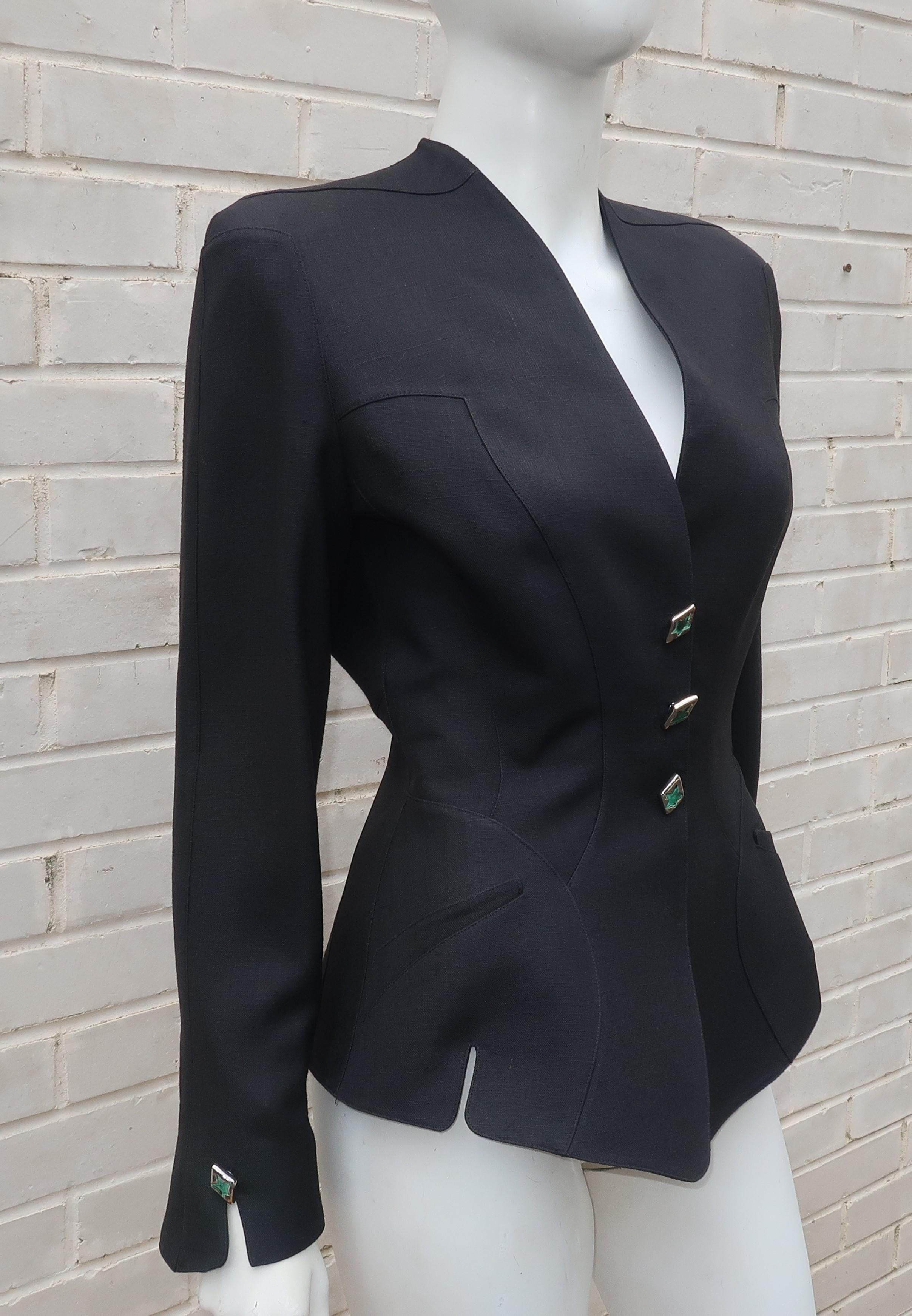 Thierry Mugler Black Linen Jacket With Sculptural Green Enamel Buttons, 1990's In Good Condition In Atlanta, GA