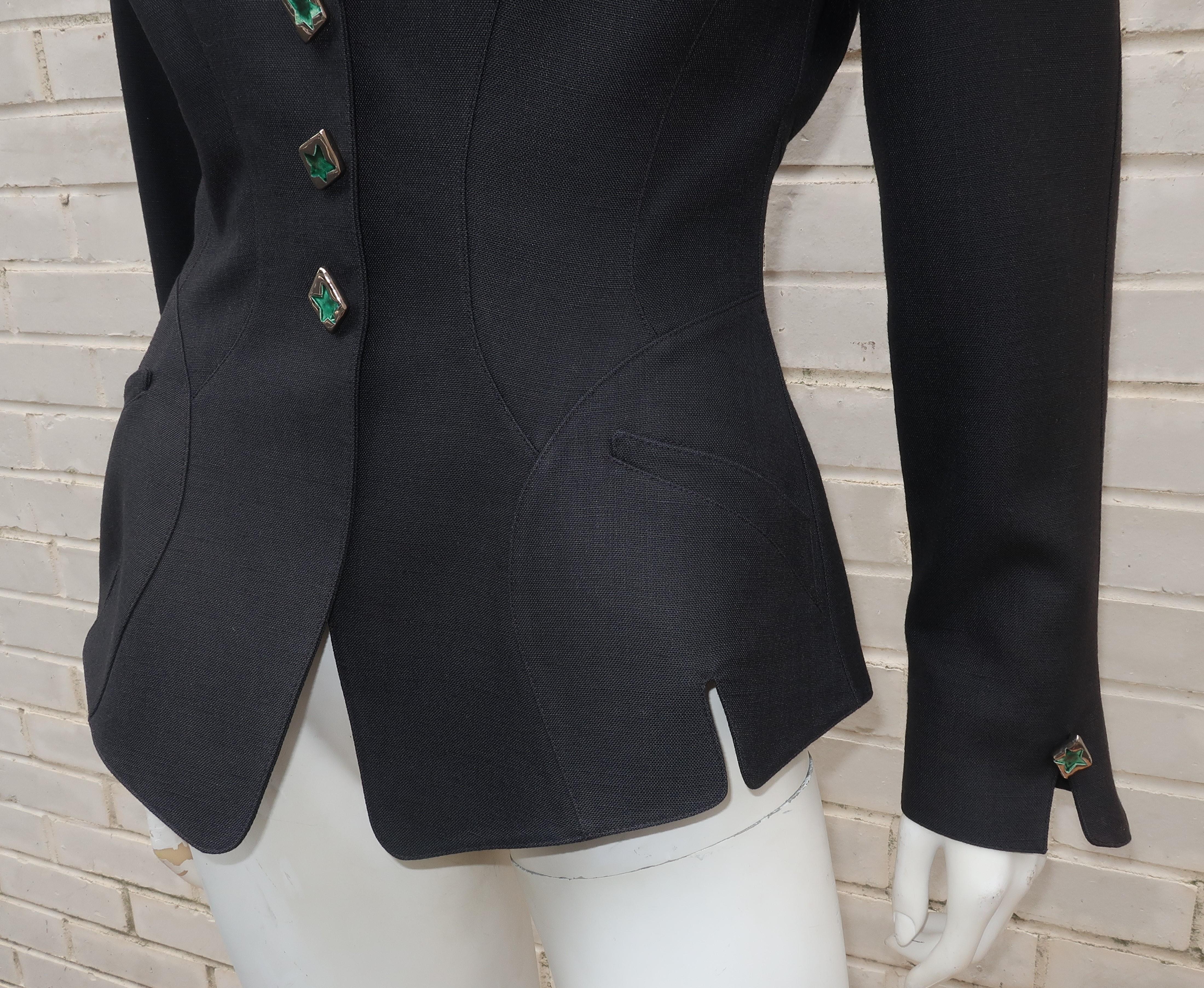 Thierry Mugler Black Linen Jacket With Sculptural Green Enamel Buttons, 1990's 2