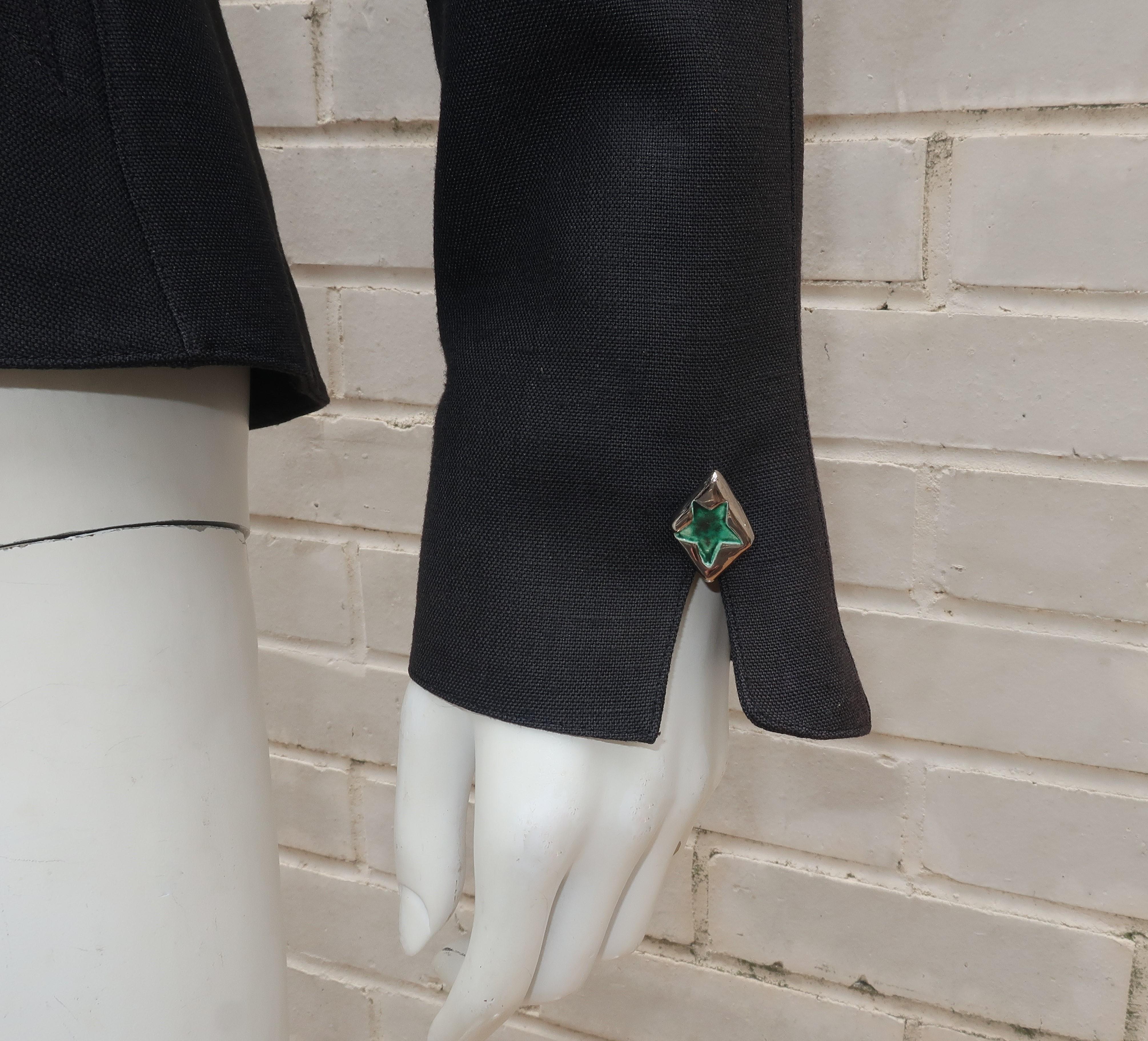 Thierry Mugler Black Linen Jacket With Sculptural Green Enamel Buttons, 1990's 3
