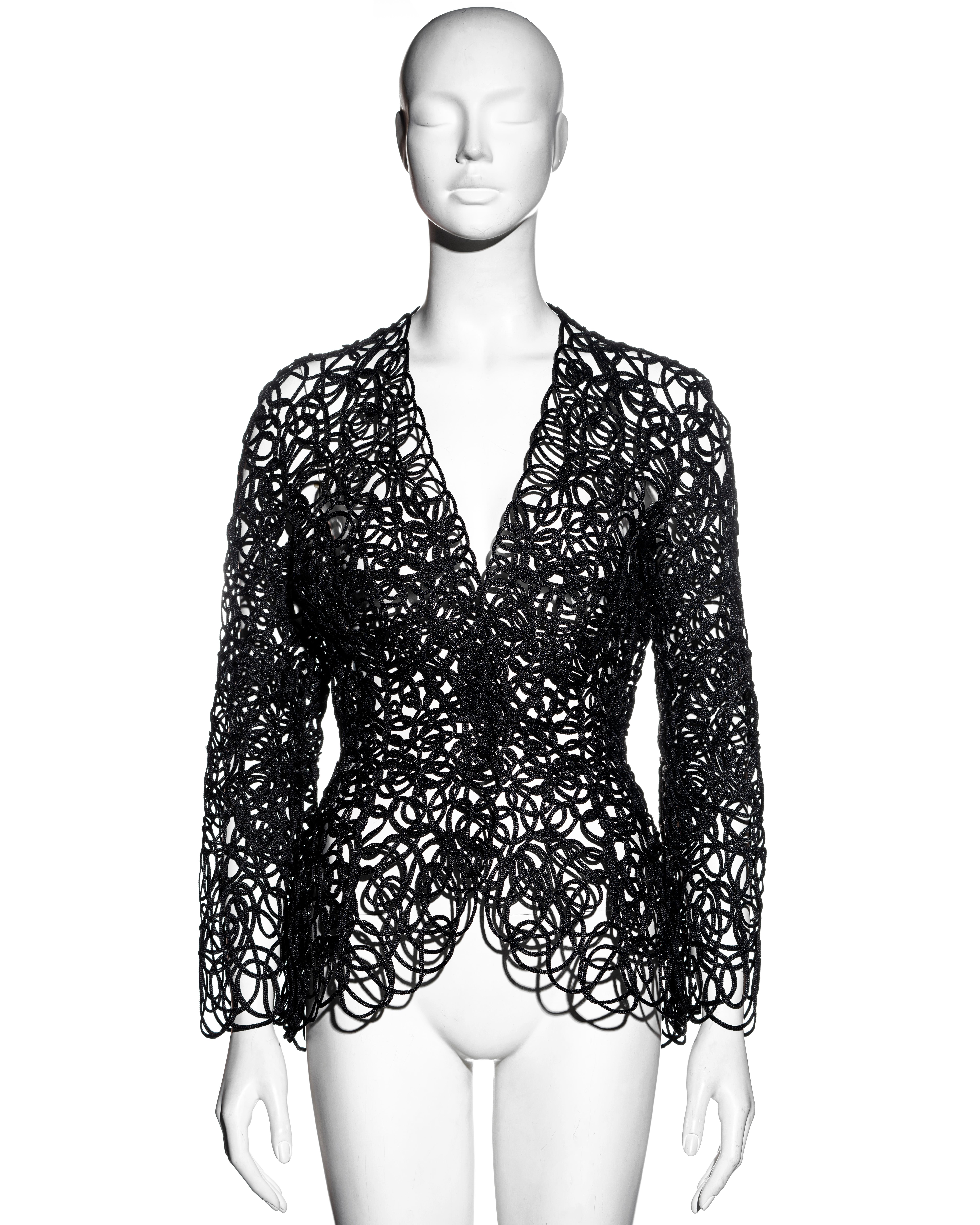 ▪ Thierry Mugler black raffia lace sculpted jacket
▪ Constructed entirely with raffia ribbon
▪ Nipped waist 
▪ Hook front fastening 
▪ Size: Medium
▪ Exact collection unknown, probably Spring-Summer 1999