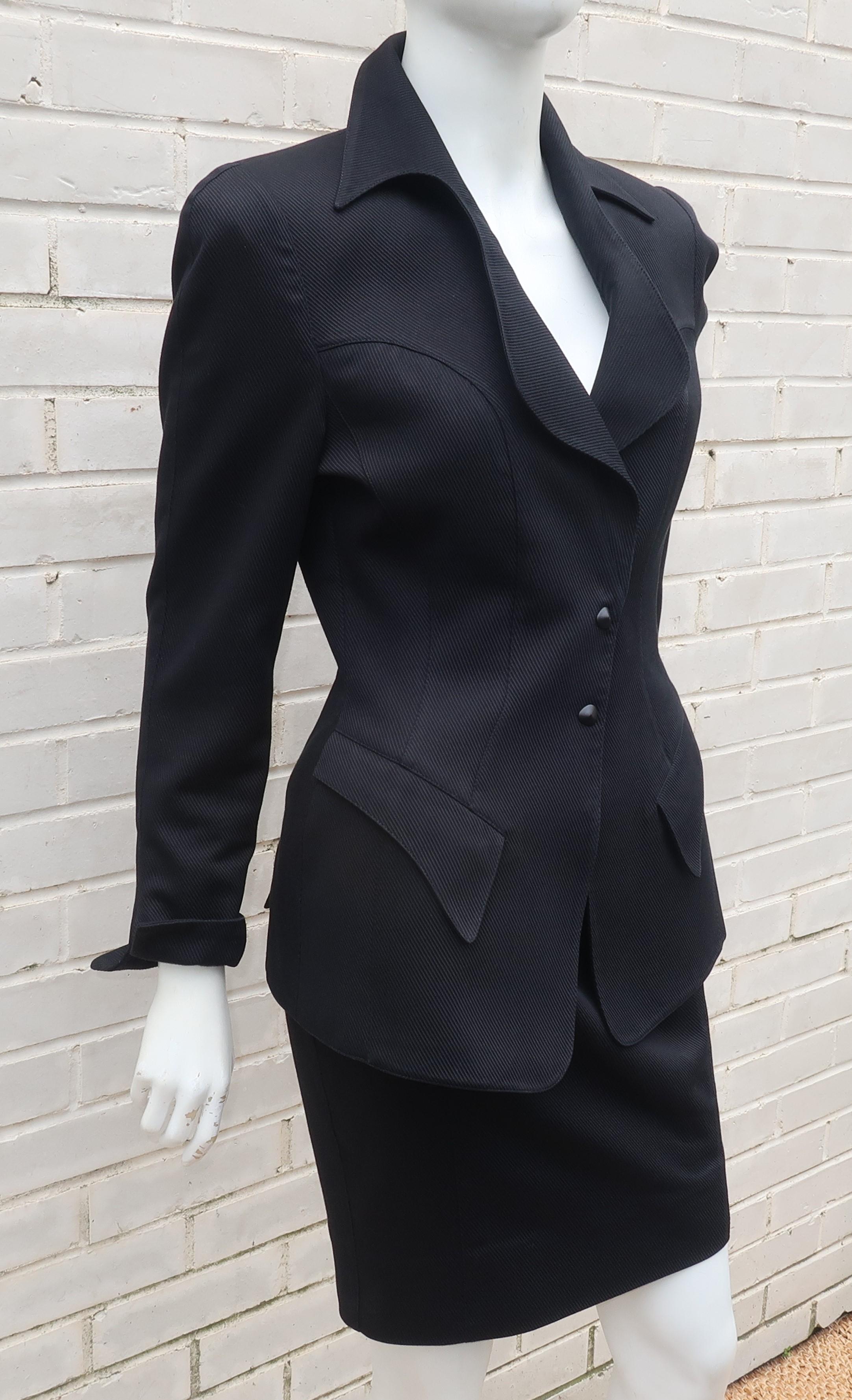 Thierry Mugler Black Ribbed Cotton Skirt Suit, 1990's In Good Condition In Atlanta, GA