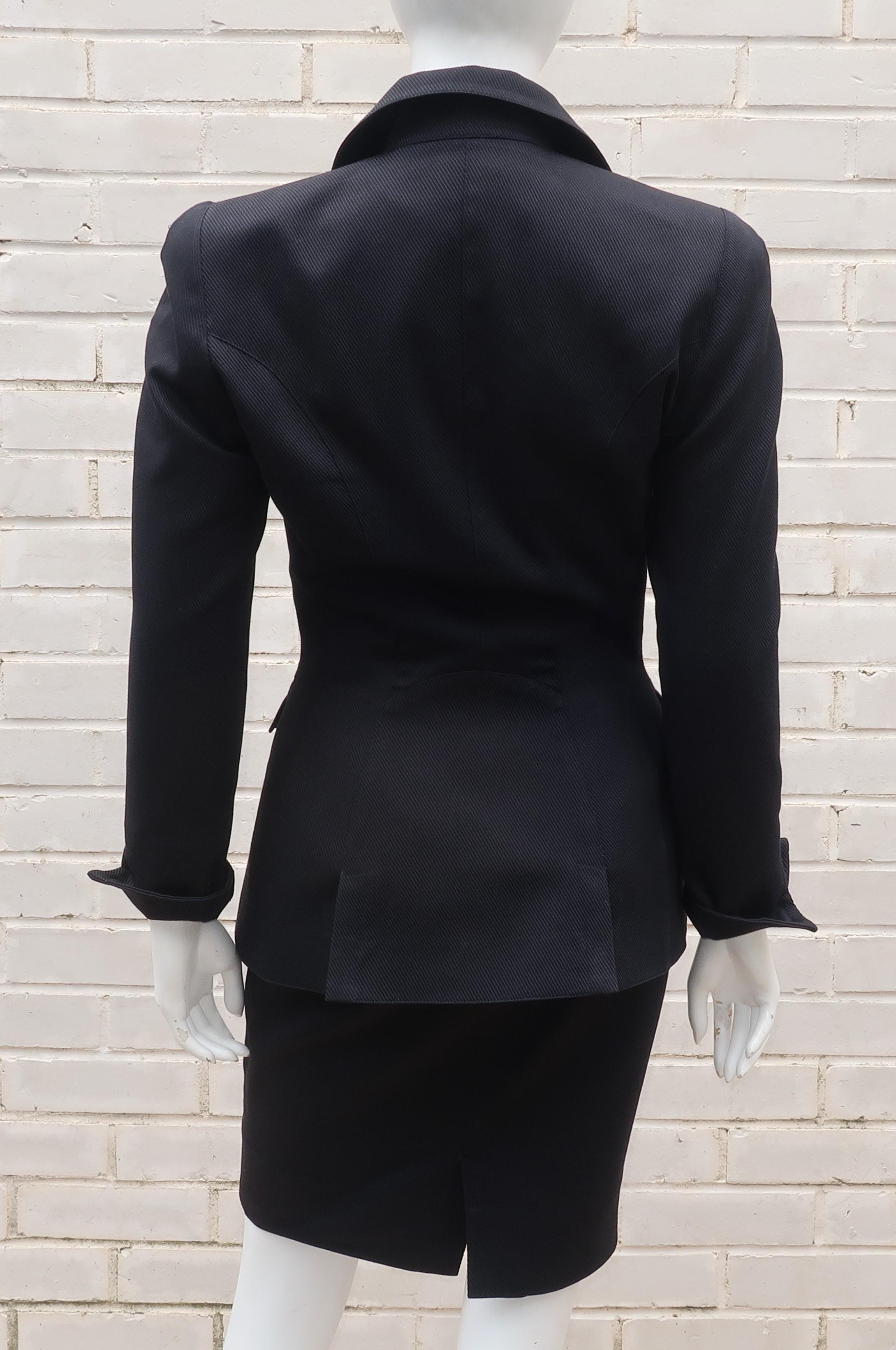 Men's Thierry Mugler Black Ribbed Cotton Skirt Suit, 1990's