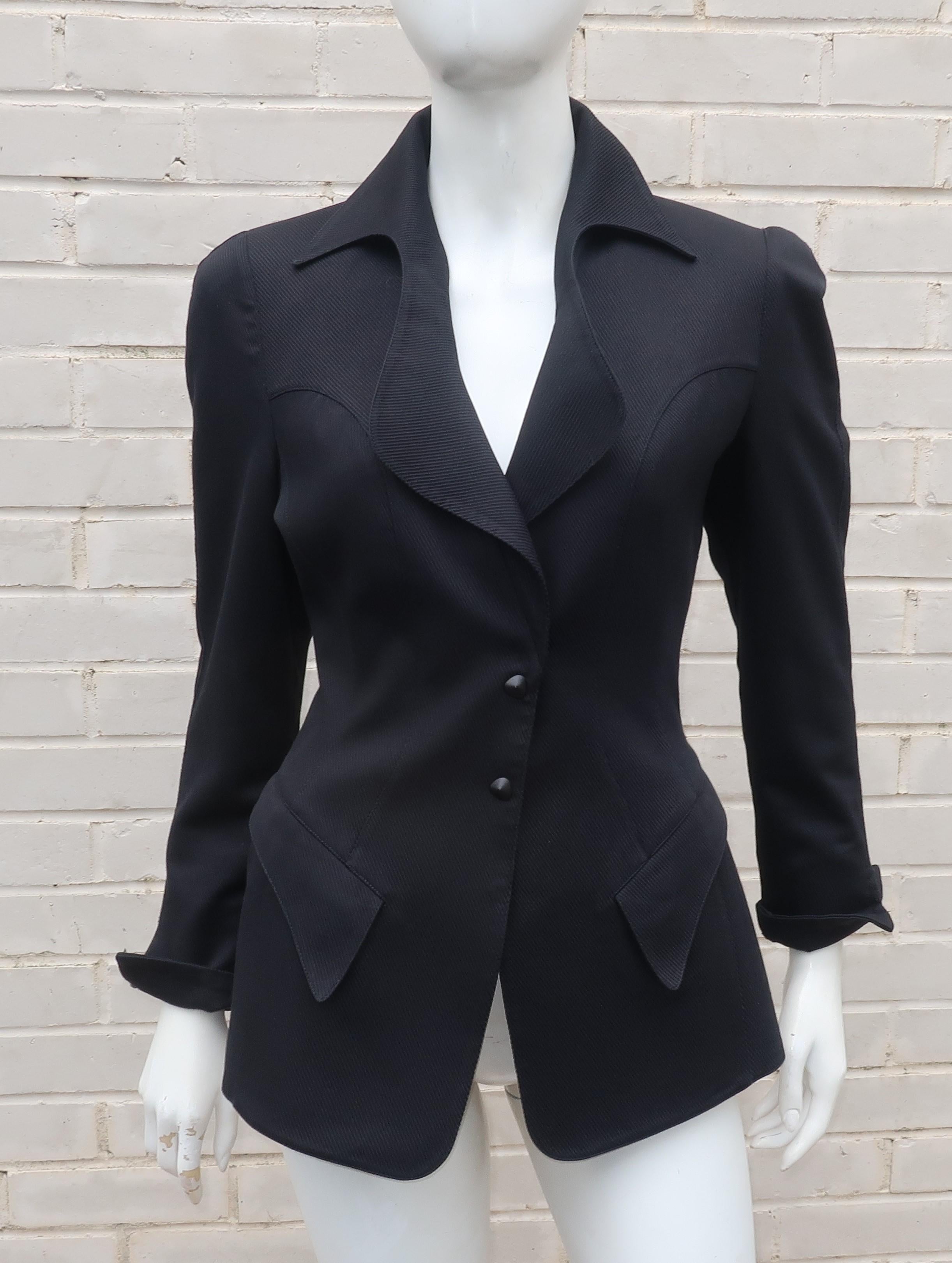 Thierry Mugler Black Ribbed Cotton Skirt Suit, 1990's 2