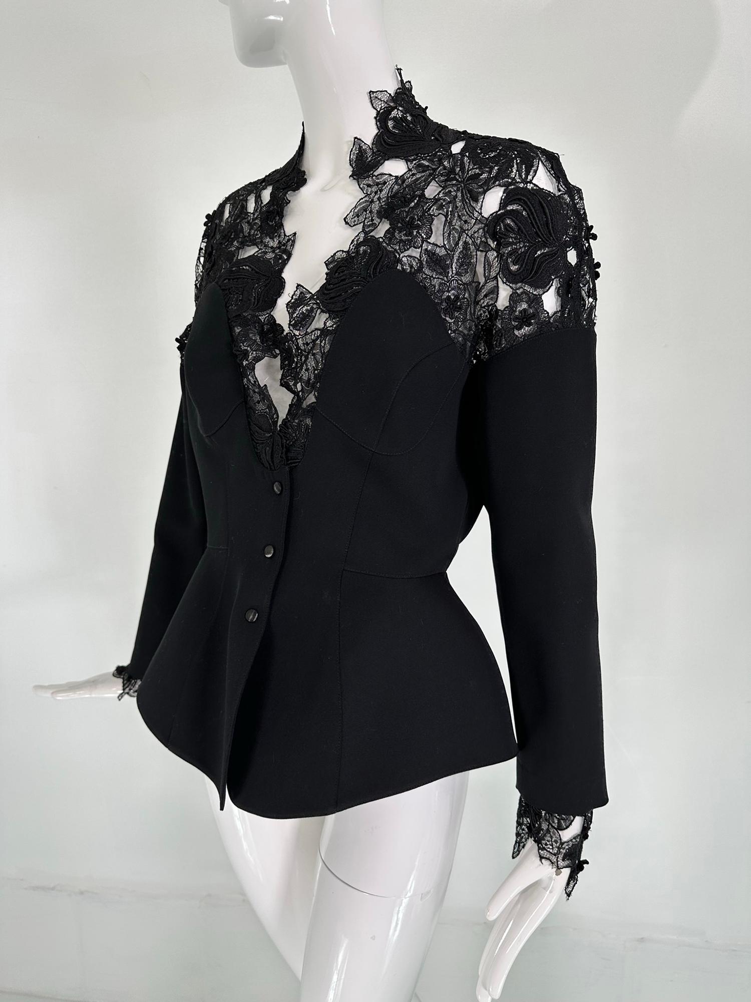 Thierry Mugler black roses lace yoke front & back jacket, dolman sleeves & peplum hem. This sexy jacket has a plunge V neckline with open work lace roses, the front & back shoulder yokes are done in open work lace, the lace at the neck back curves