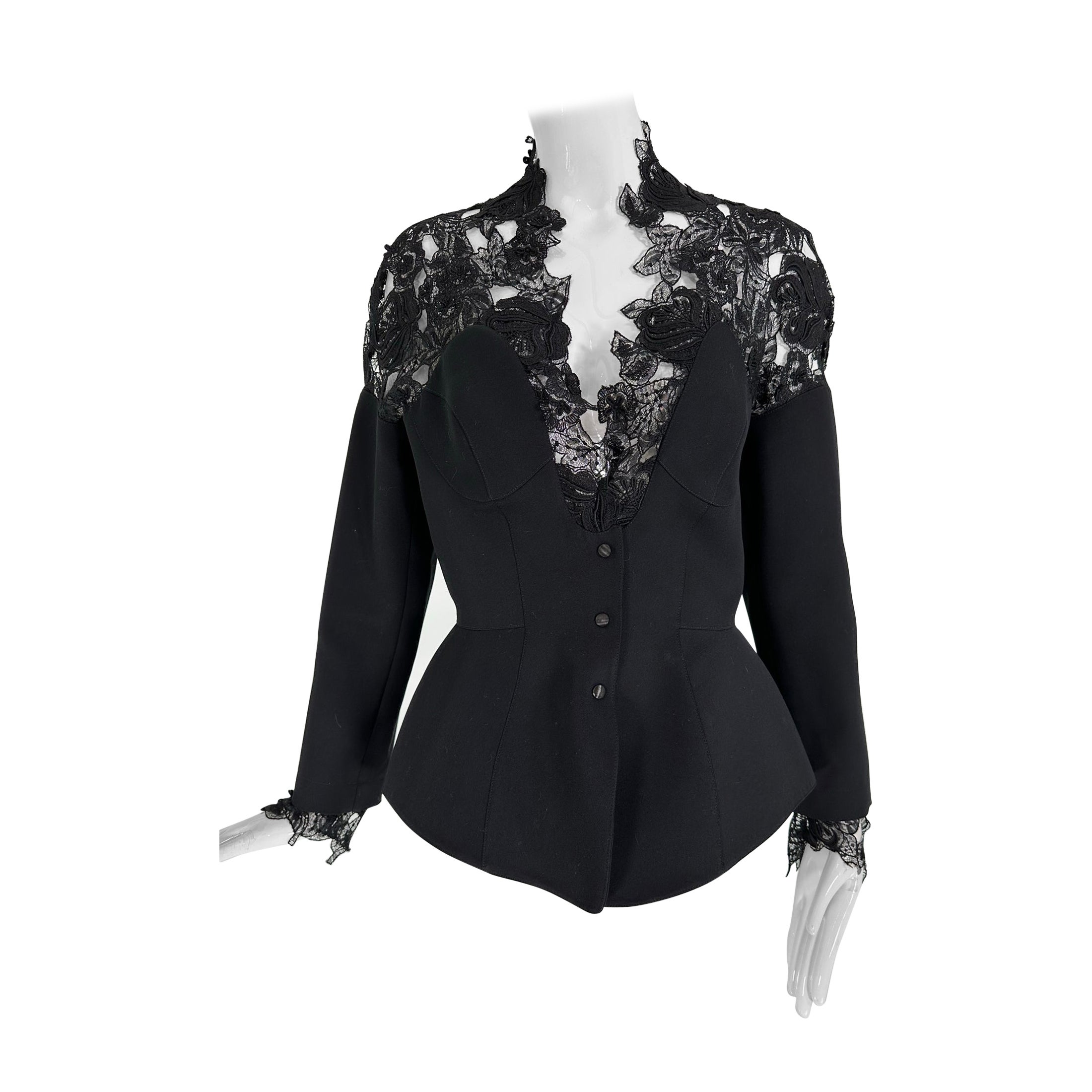 Thierry Mugler Black Roses Lace Yoke Jacket Nip Waist Peplum Hem 1990s 40