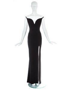 Thierry Mugler black silk off-shoulder evening dress with leg slit, ca. 1990