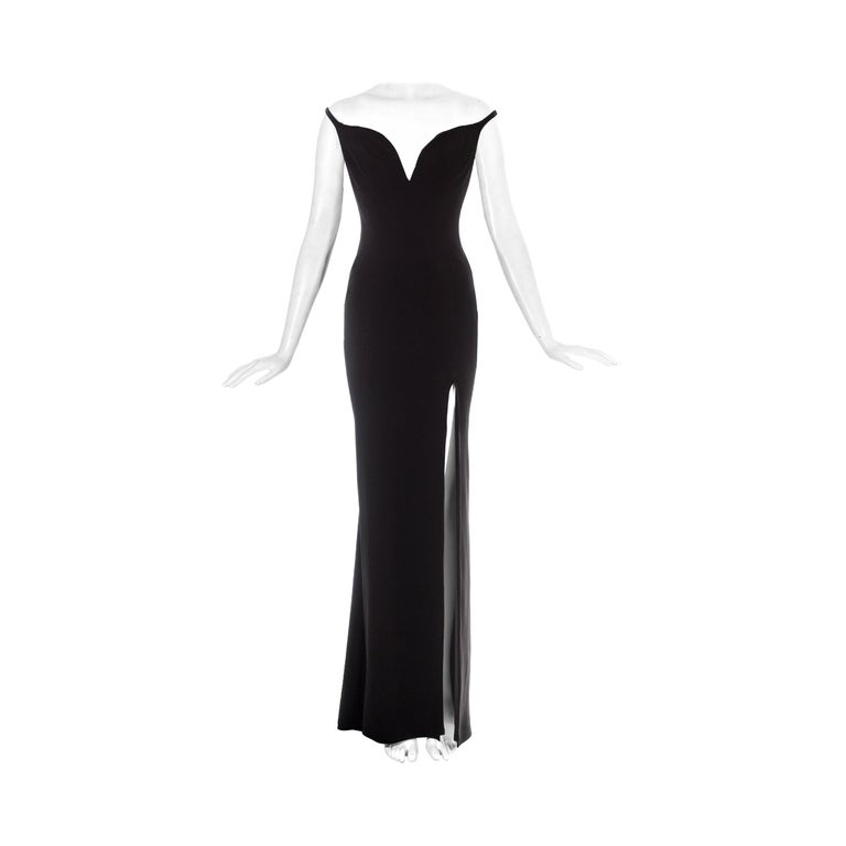 Thierry Mugler black silk off-shoulder evening dress with leg slit, ca ...