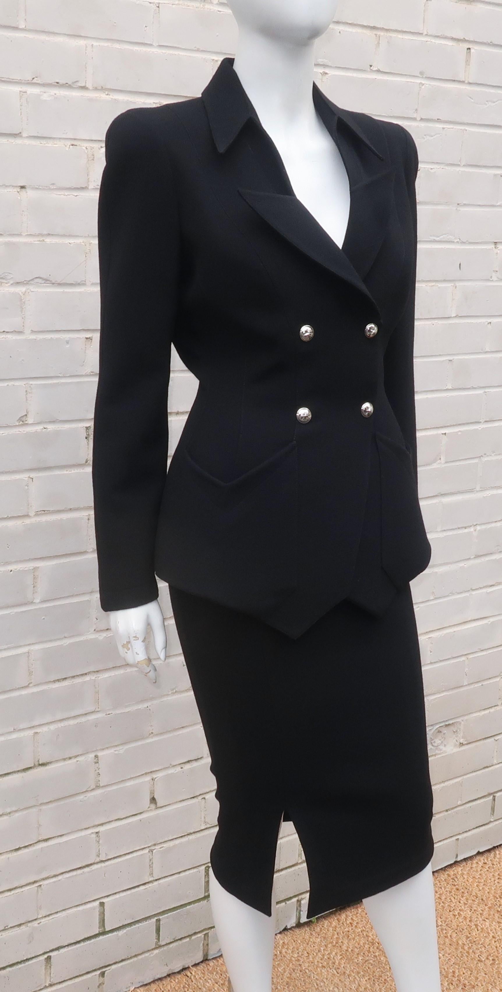 Thierry Mugler Black Skirt Suit With Star Buttons In Good Condition In Atlanta, GA