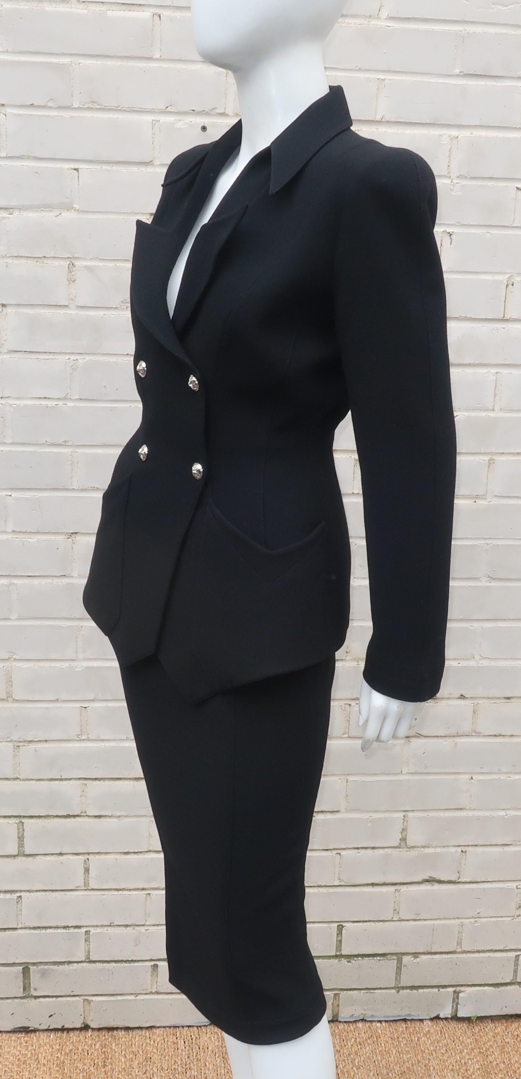 Women's Thierry Mugler Black Skirt Suit With Star Buttons