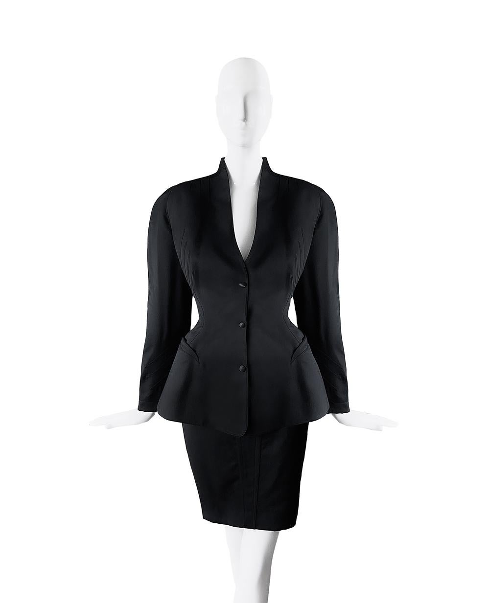 Thierry Mugler Black Suit Sculptural Jacket Skirtsuit For Sale