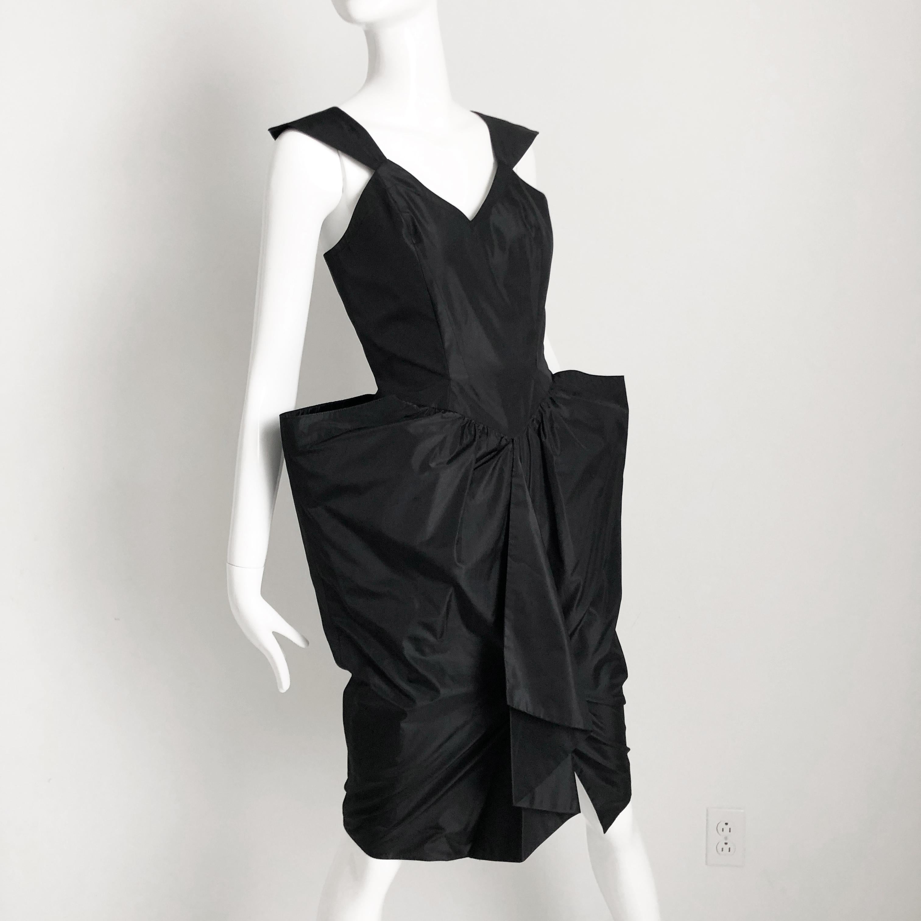 Women's Thierry Mugler Black Taffeta Cocktail Dress Sculptural Silhouette Vintage Sz 9 