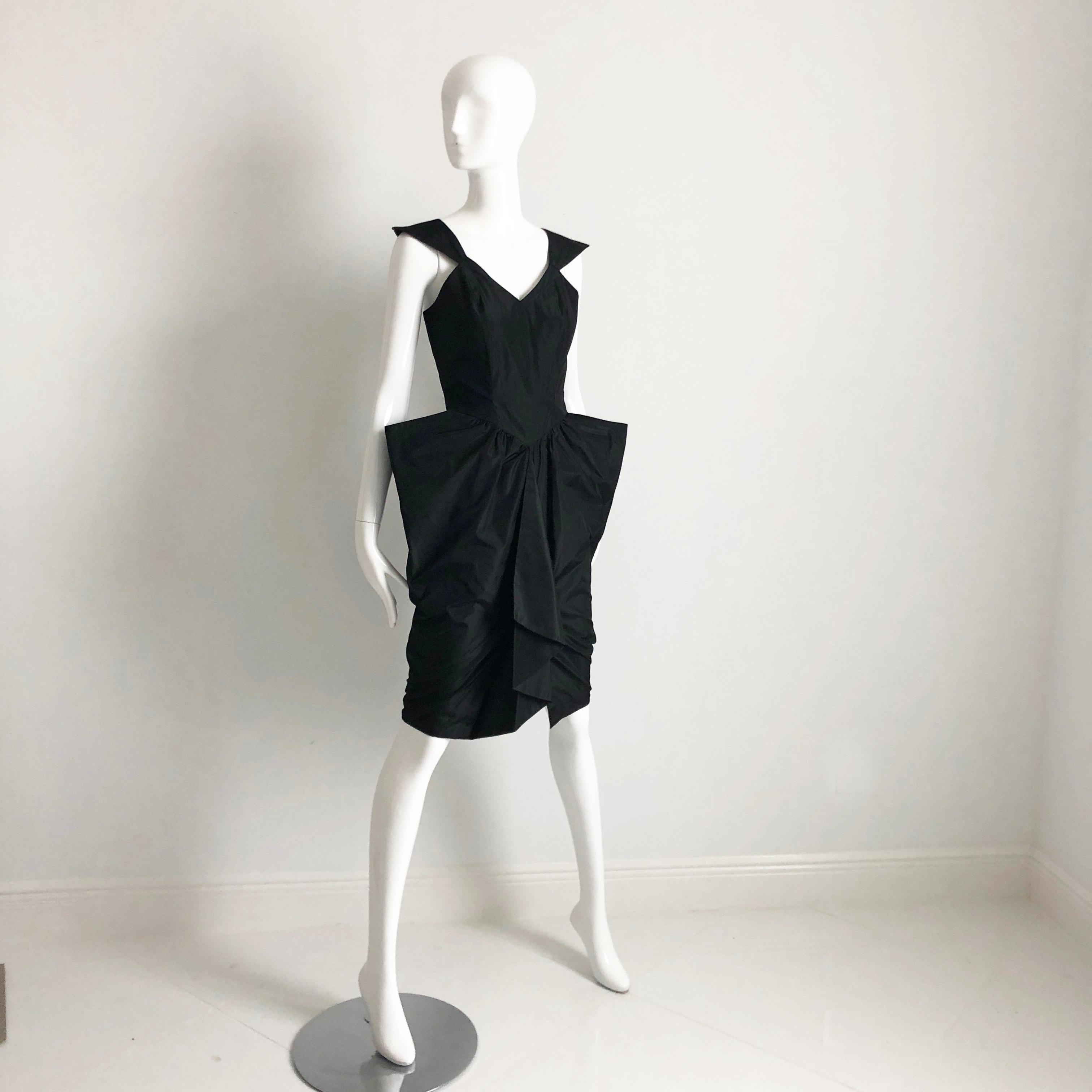 Thierry Mugler Black Taffeta Cocktail Dress Sculptural Silhouette Vintage Sz 9  1