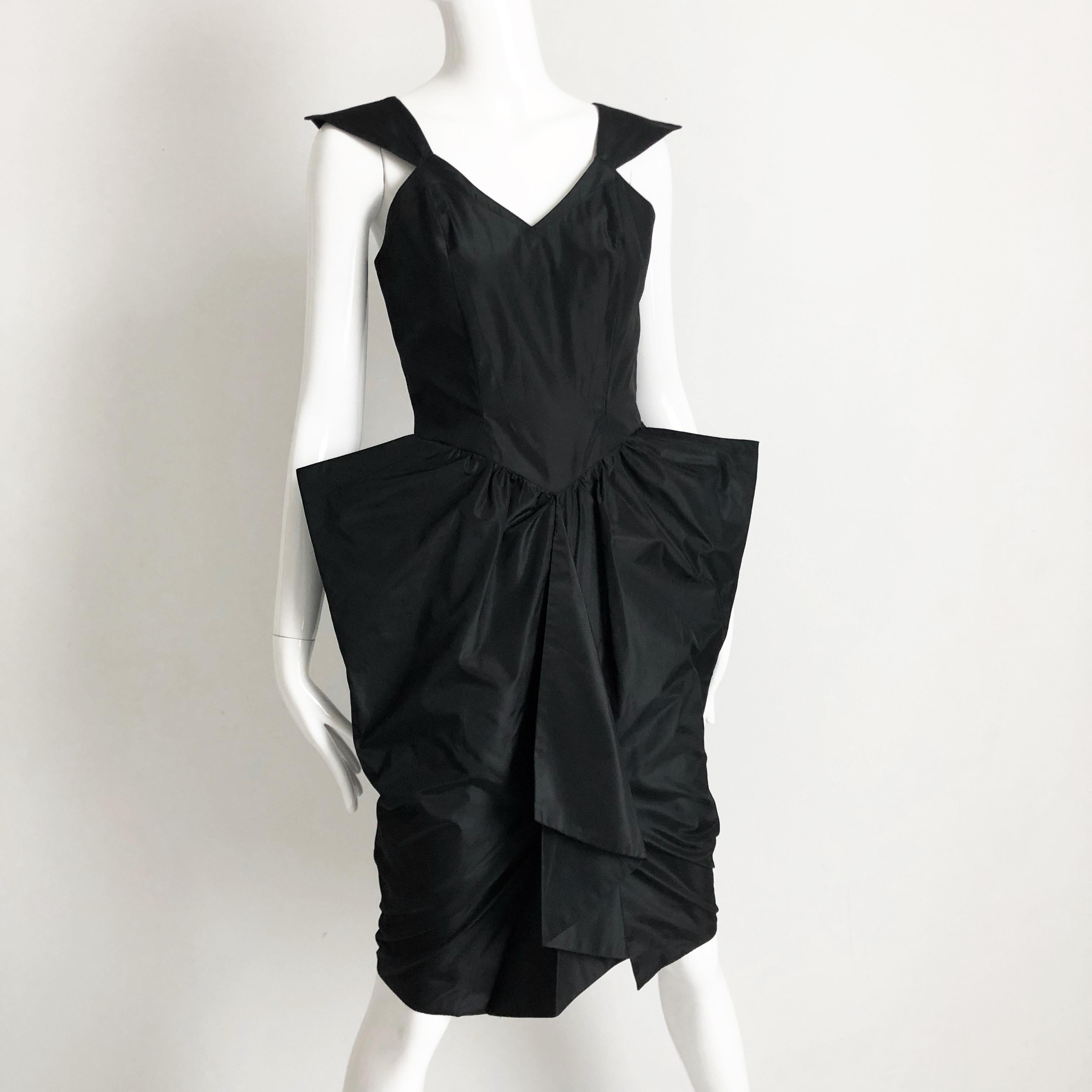 Thierry Mugler Black Taffeta Cocktail Dress Sculptural Silhouette Vintage Sz 9  2