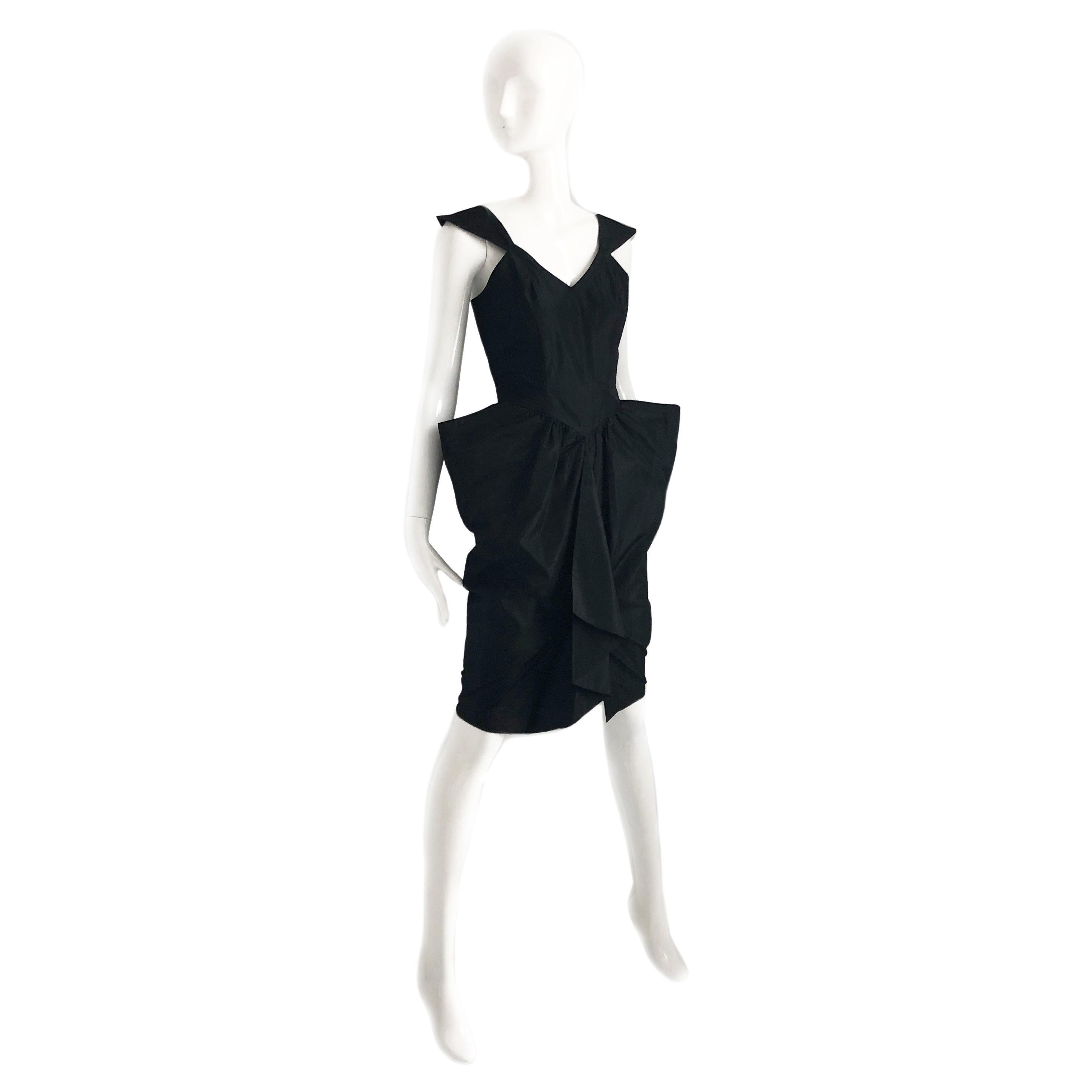 Thierry Mugler Black Taffeta Cocktail Dress Sculptural Silhouette Vintage Sz 9 