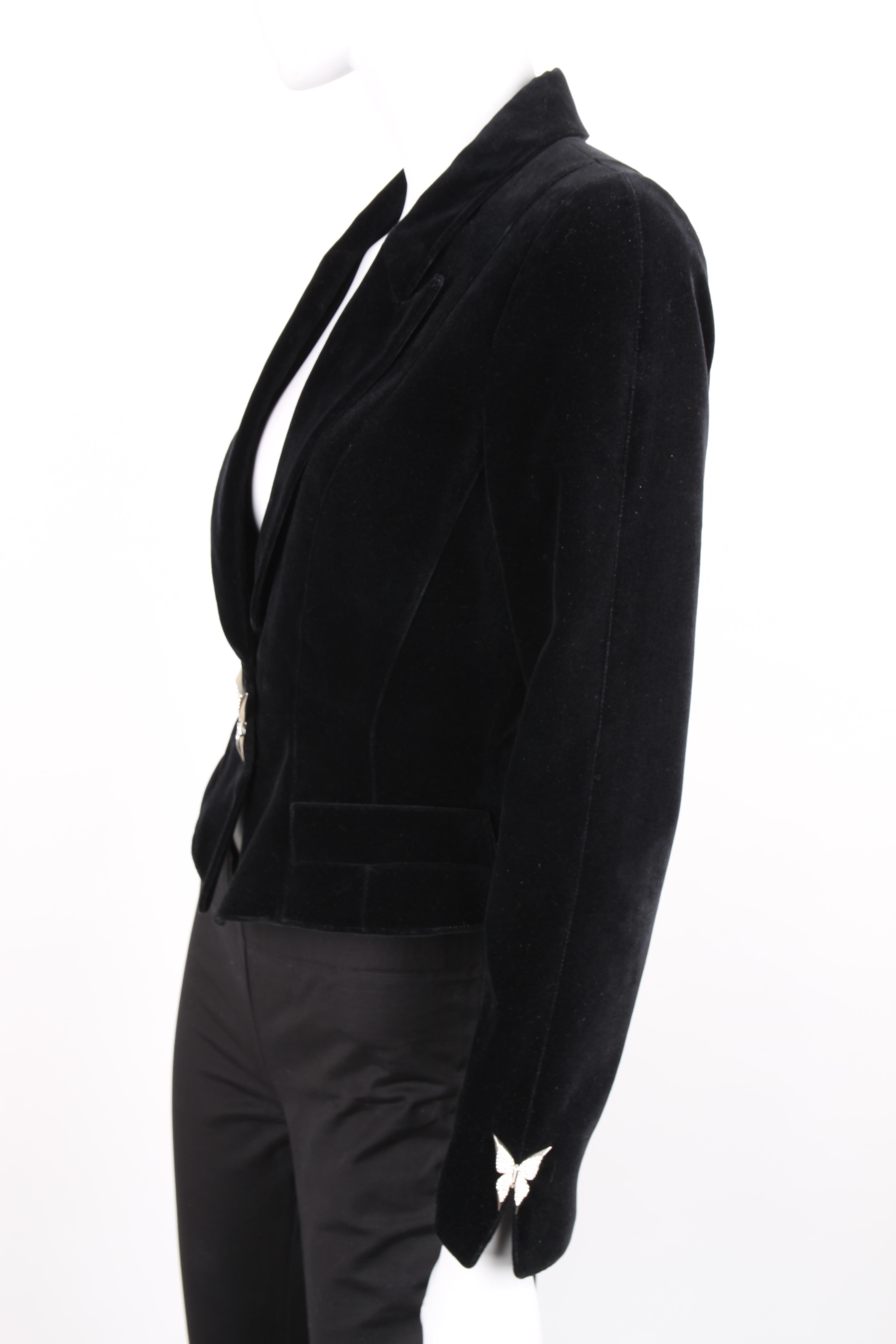 Women's or Men's Thierry Mugler Black Velvet Rhinestone Crystal Butterfly Long Sleeve Jacket For Sale