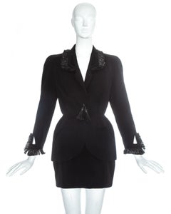 Thierry Mugler black wool and raffia mini skirt suit, ss 1995