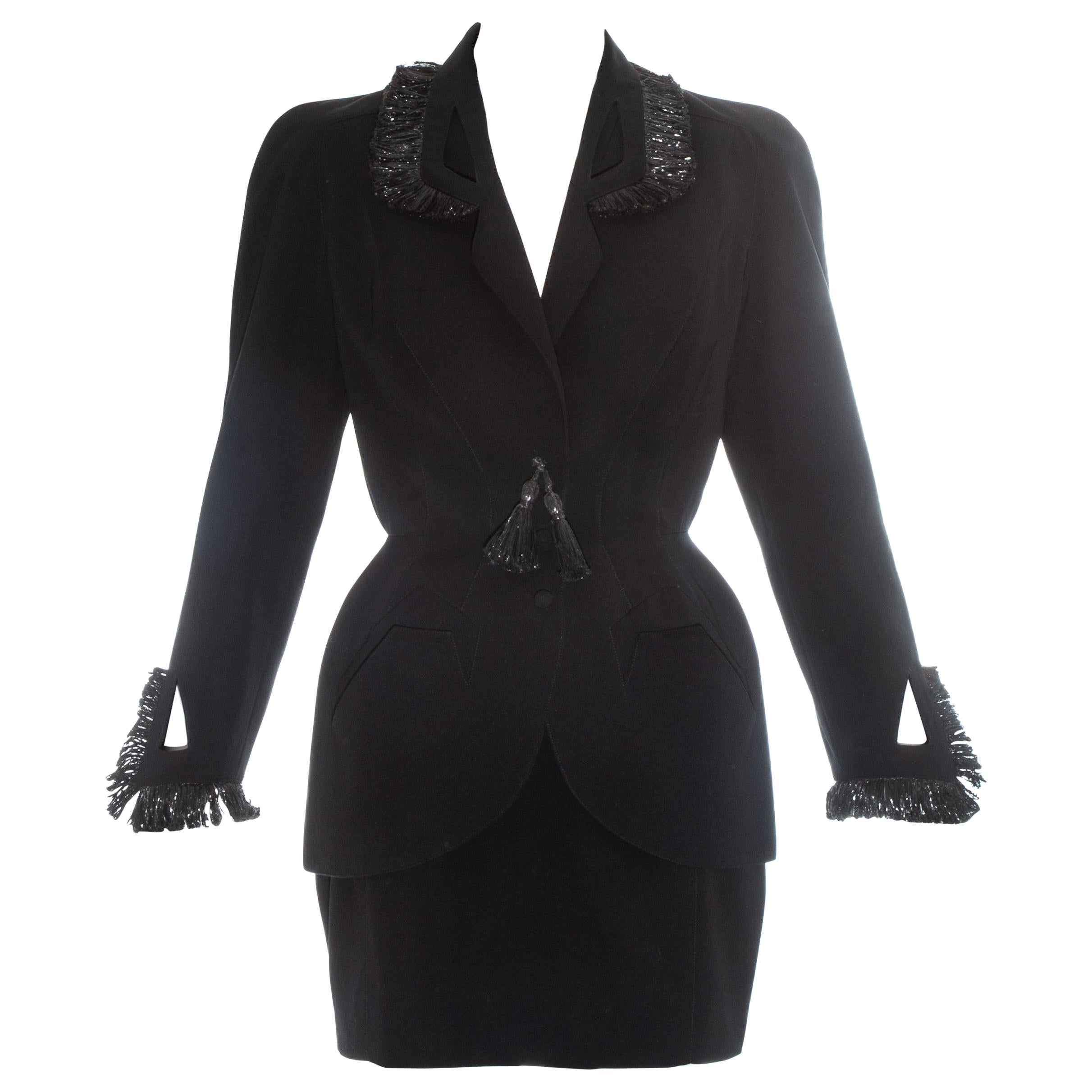 Thierry Mugler black wool and raffia mini skirt suit, ss 1995 For Sale