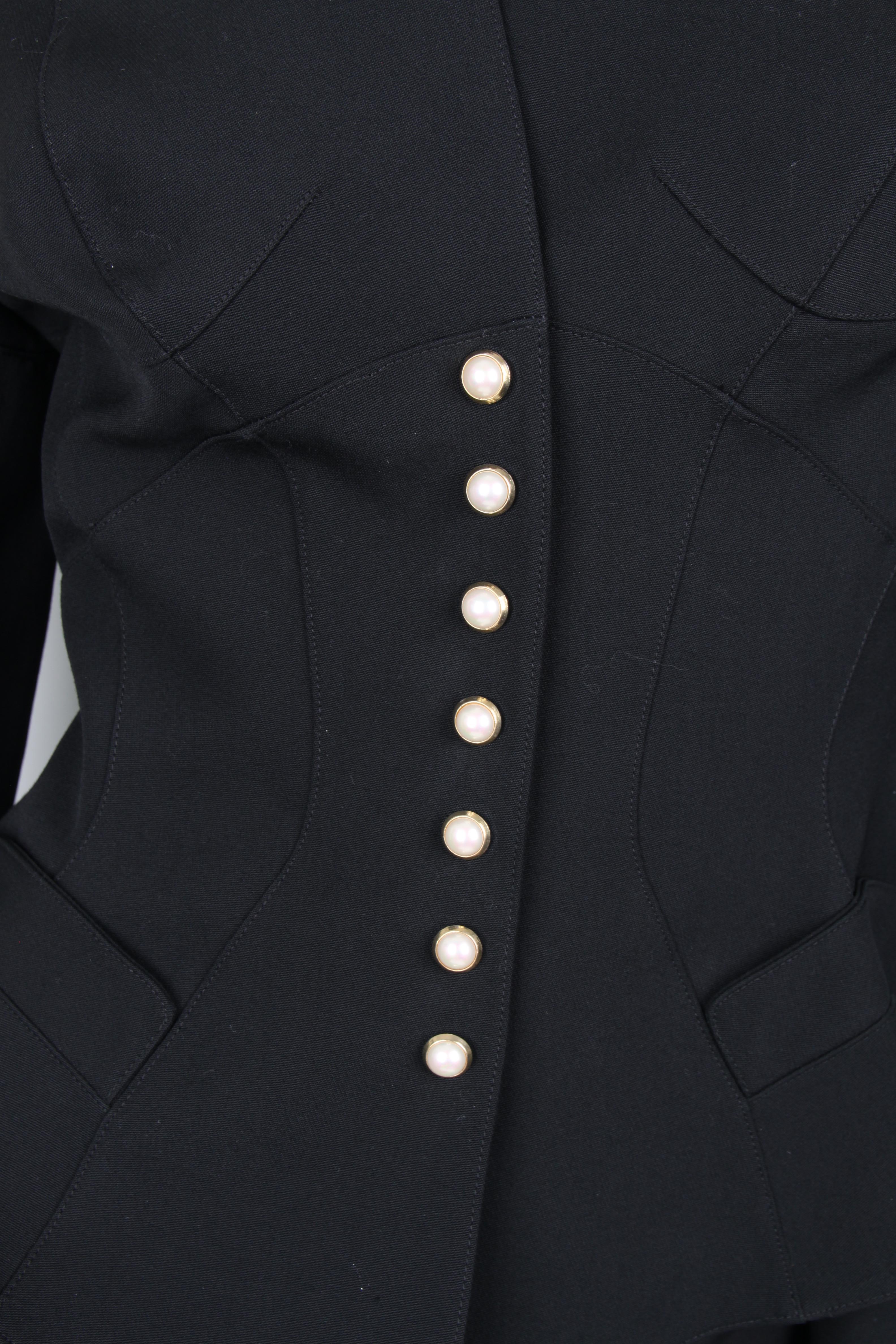 Thierry Mugler Black Wool Asymmetric Pearl Button Blazer In Excellent Condition For Sale In Baarn, NL