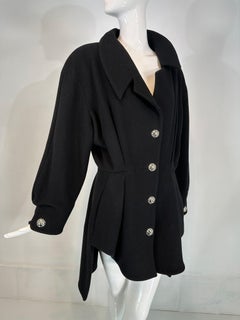 Thierry Mugler Black Wool Asymmetrical Coat with Silver button Snaps 1990s 44