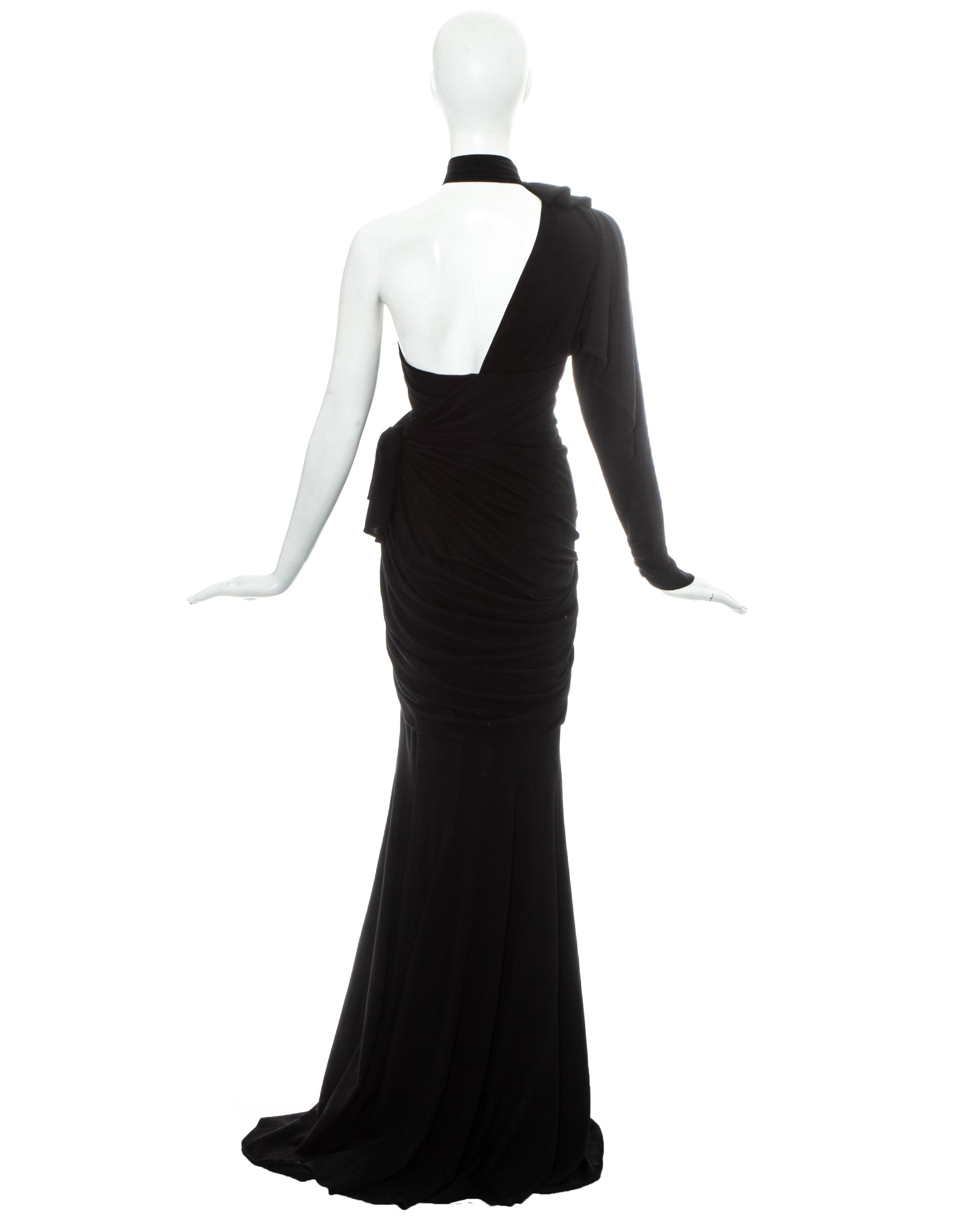 Black Thierry Mugler black wool one sleeve corseted trained evening dress, c. 1980