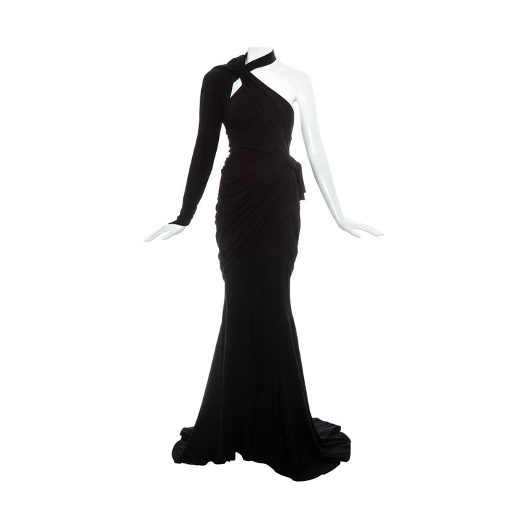 Thierry Mugler black wool one sleeve corseted trained evening dress, c ...