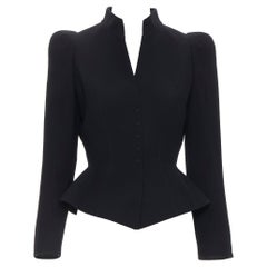 THIERRY MUGLER black wool peak shoulder fitted peplum blazer jacket FR38 S