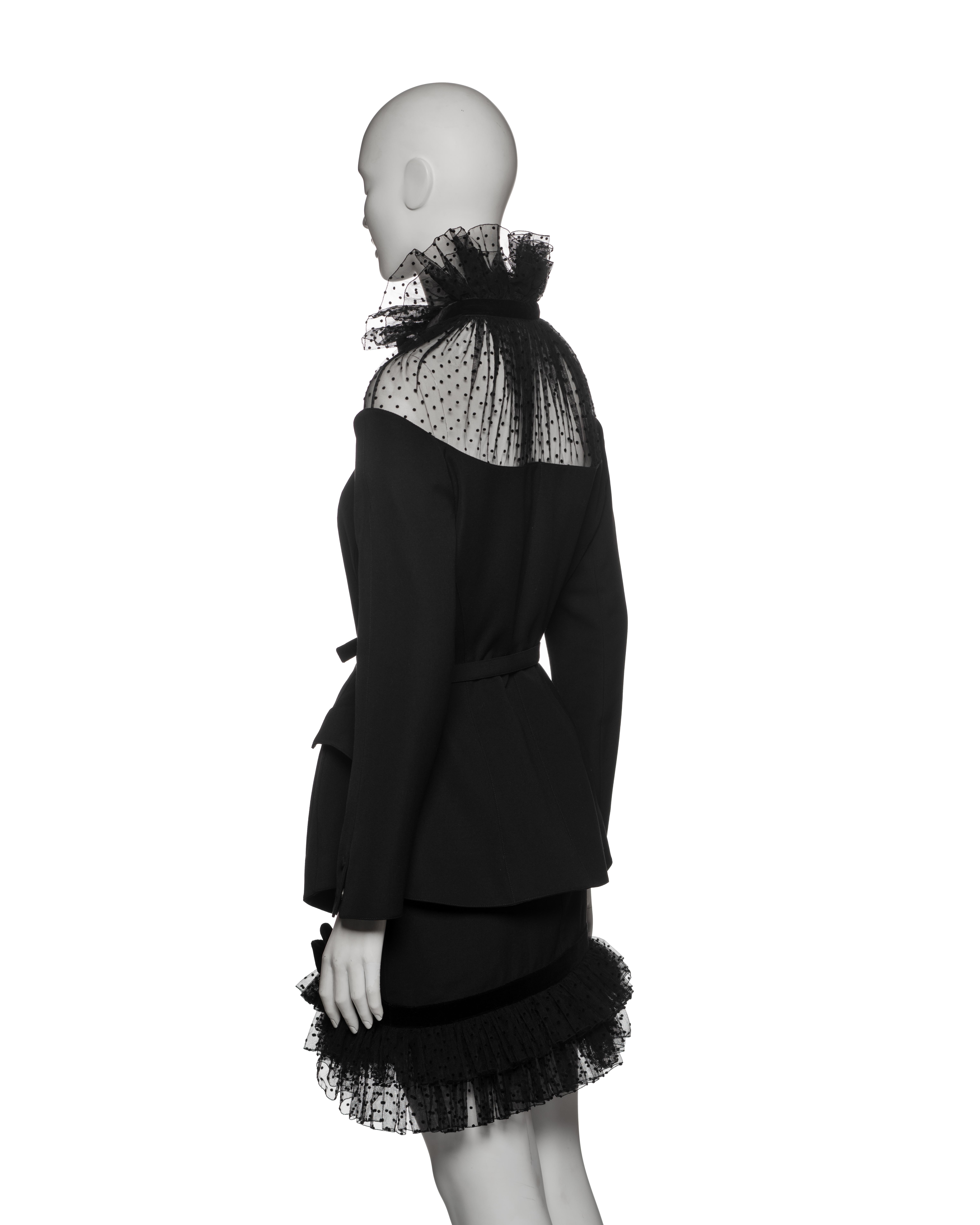Thierry Mugler Black Wool Peplum Skirt Suit with Point d’Esprit Trim, FW 1995 7