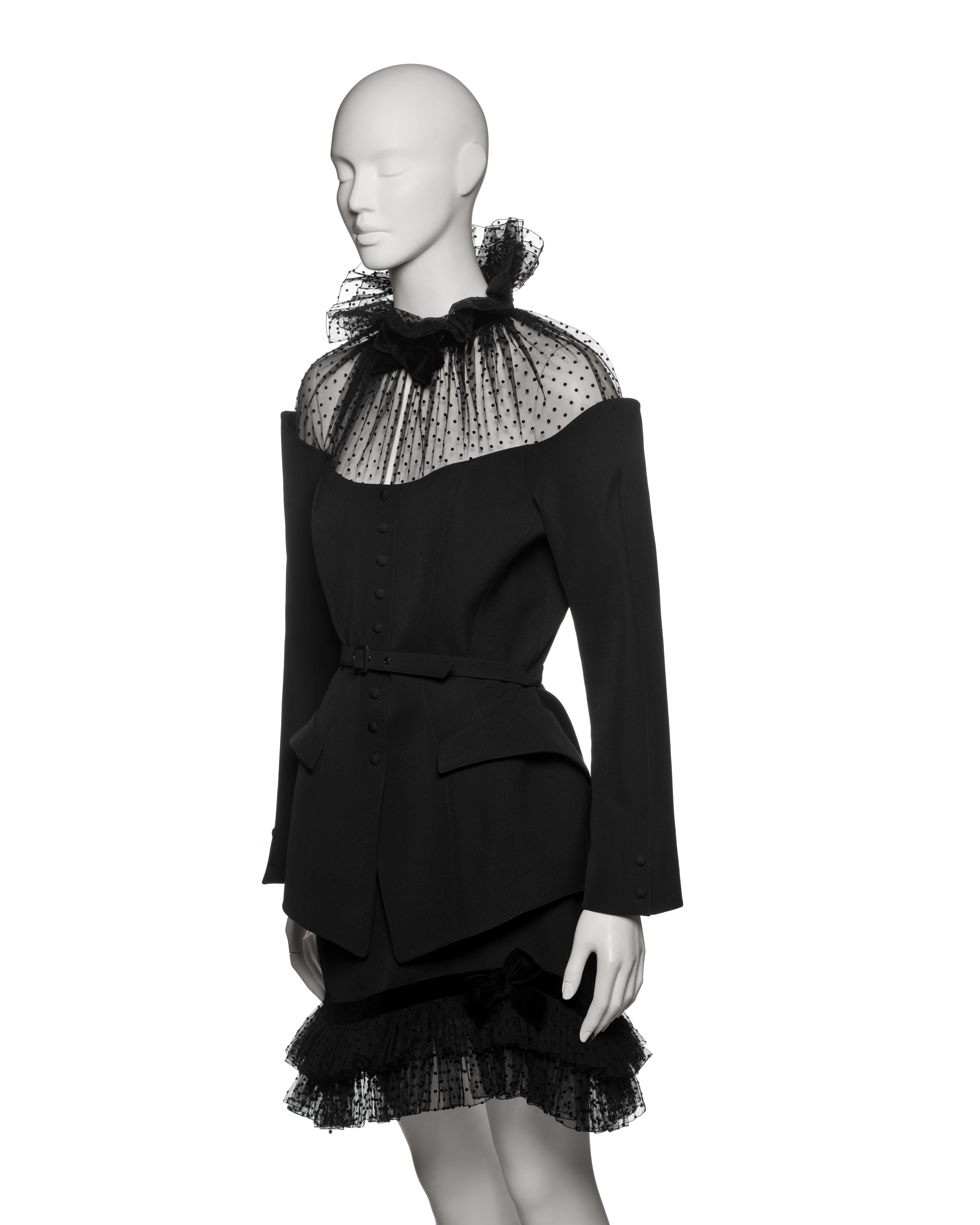 Thierry Mugler Black Wool Peplum Skirt Suit with Point d’Esprit Trim, FW 1995 8