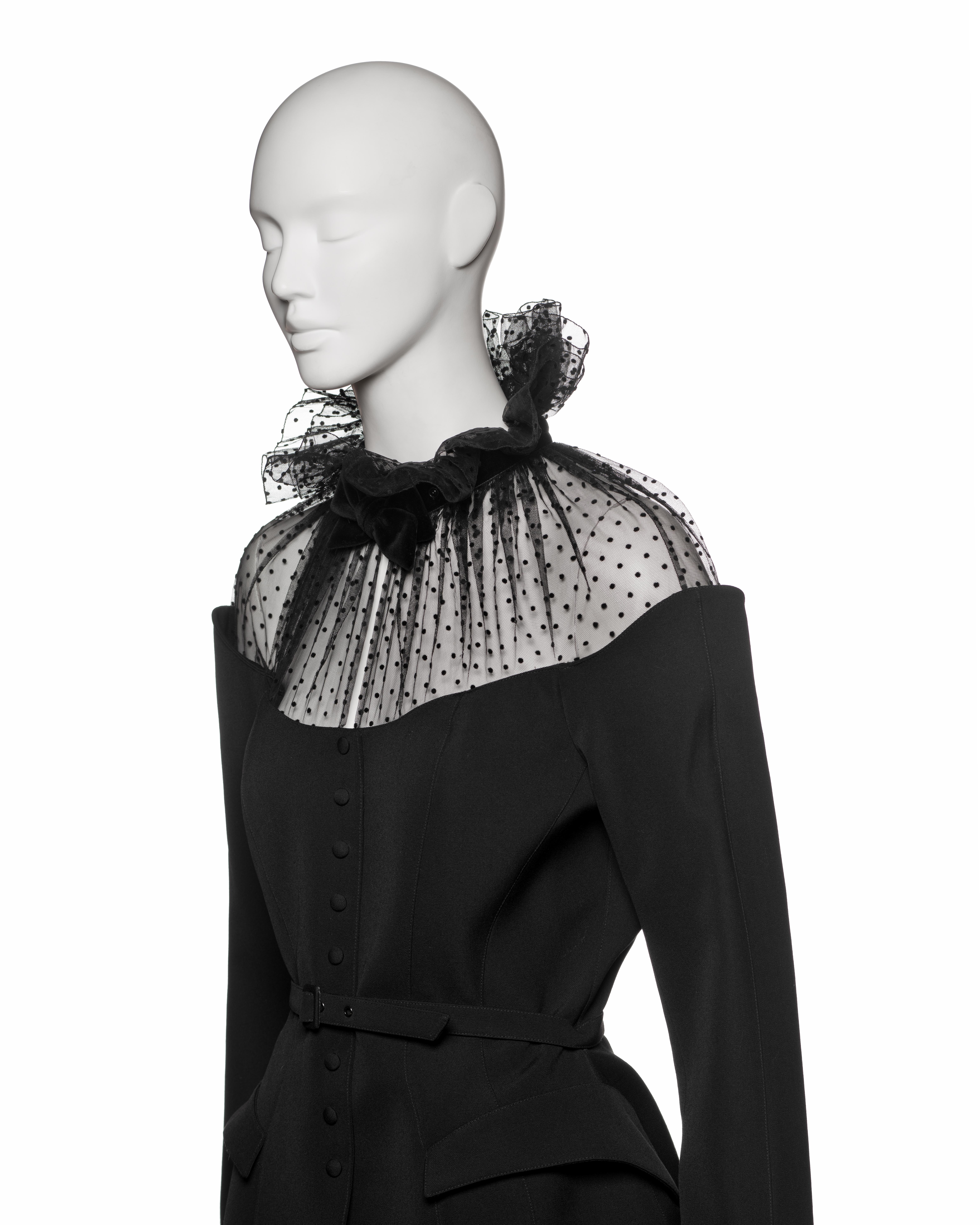 Thierry Mugler Black Wool Peplum Skirt Suit with Point d’Esprit Trim, FW 1995 9