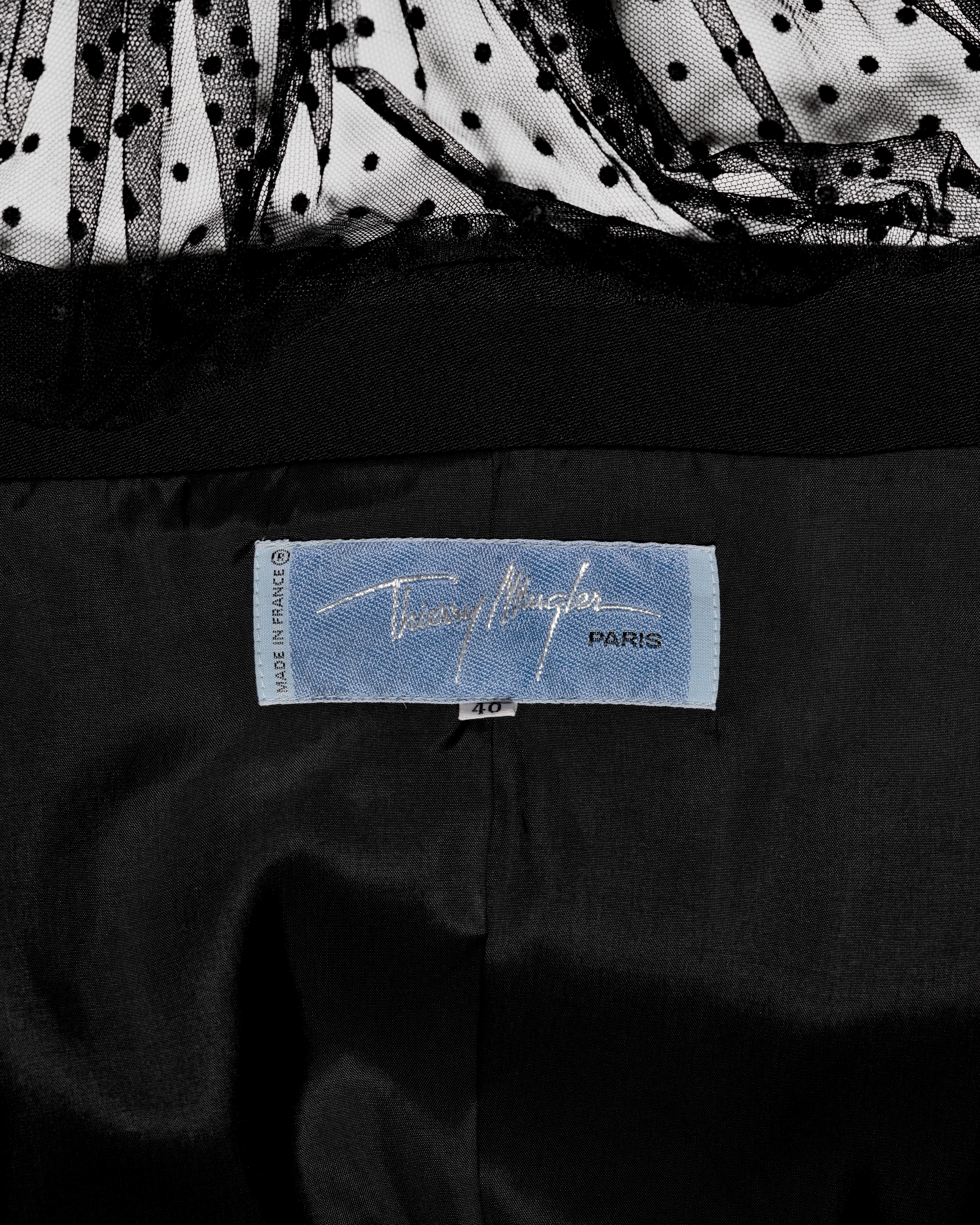 Thierry Mugler Black Wool Peplum Skirt Suit with Point d’Esprit Trim, FW 1995 10