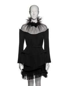 Thierry Mugler Black Wool Peplum Skirt Suit with Point d’Esprit Trim, FW 1995