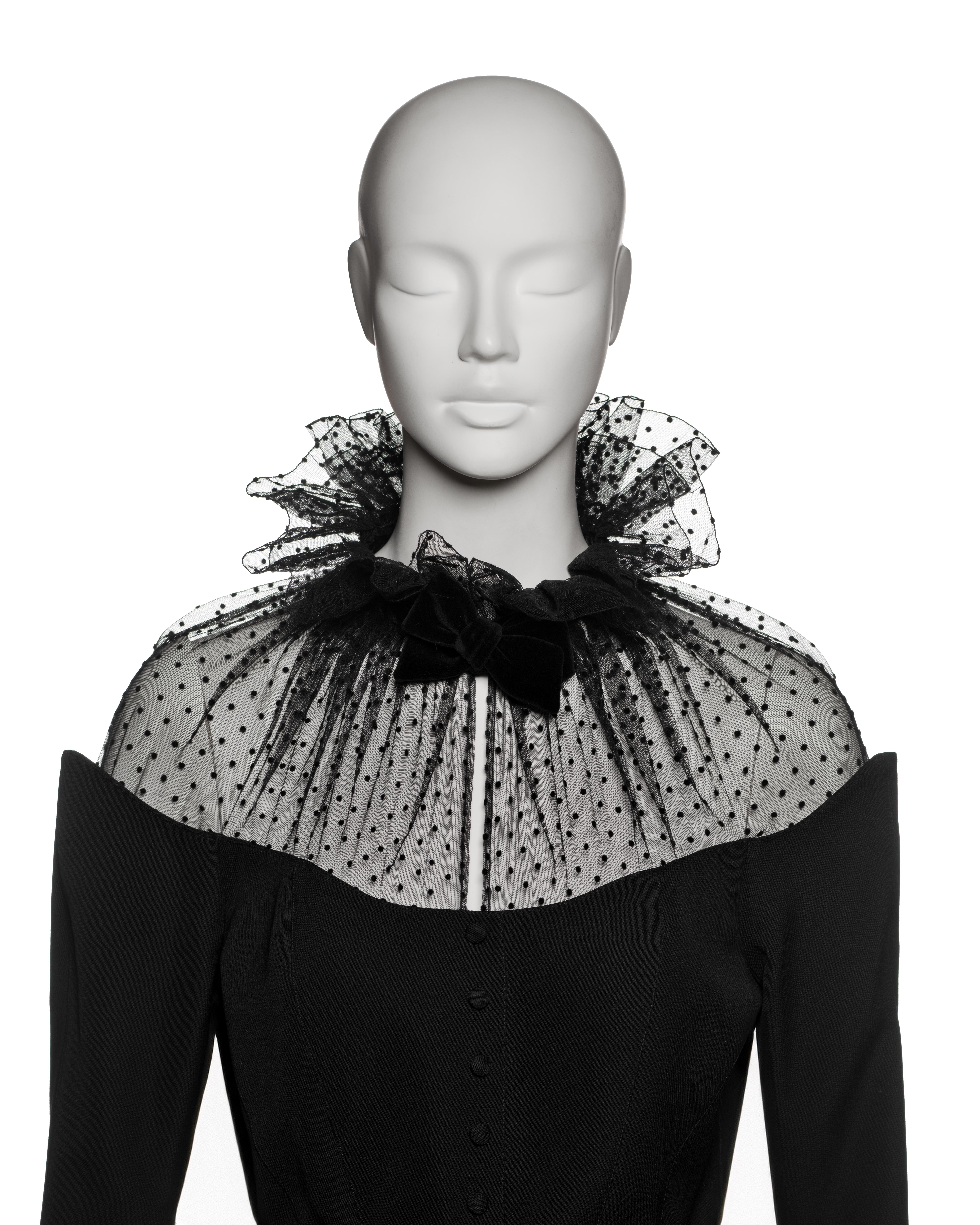 Thierry Mugler Black Wool Peplum Skirt Suit with Point d’Esprit Trim, FW 1995 In Excellent Condition In London, GB