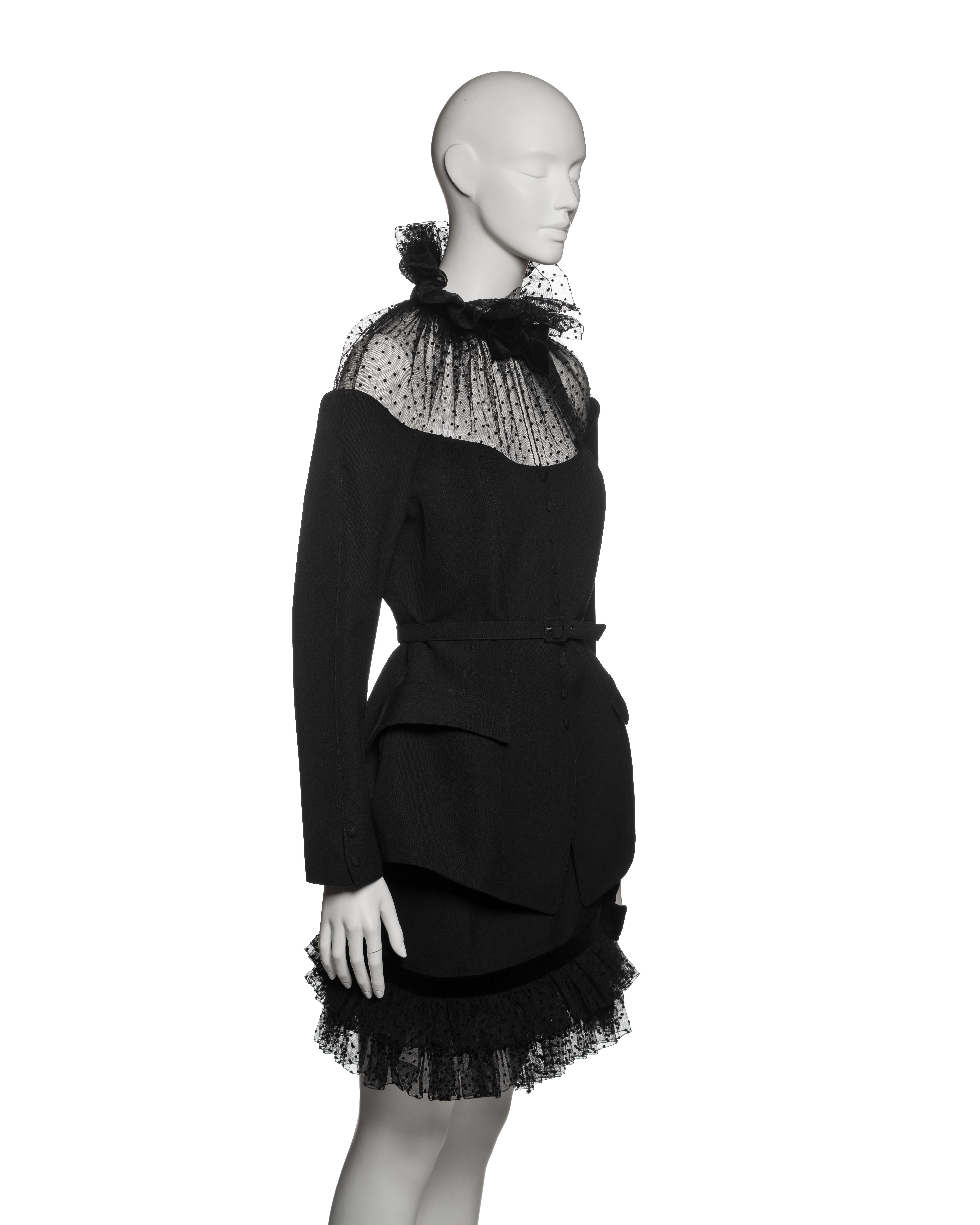 Thierry Mugler Black Wool Peplum Skirt Suit with Point d’Esprit Trim, FW 1995 1