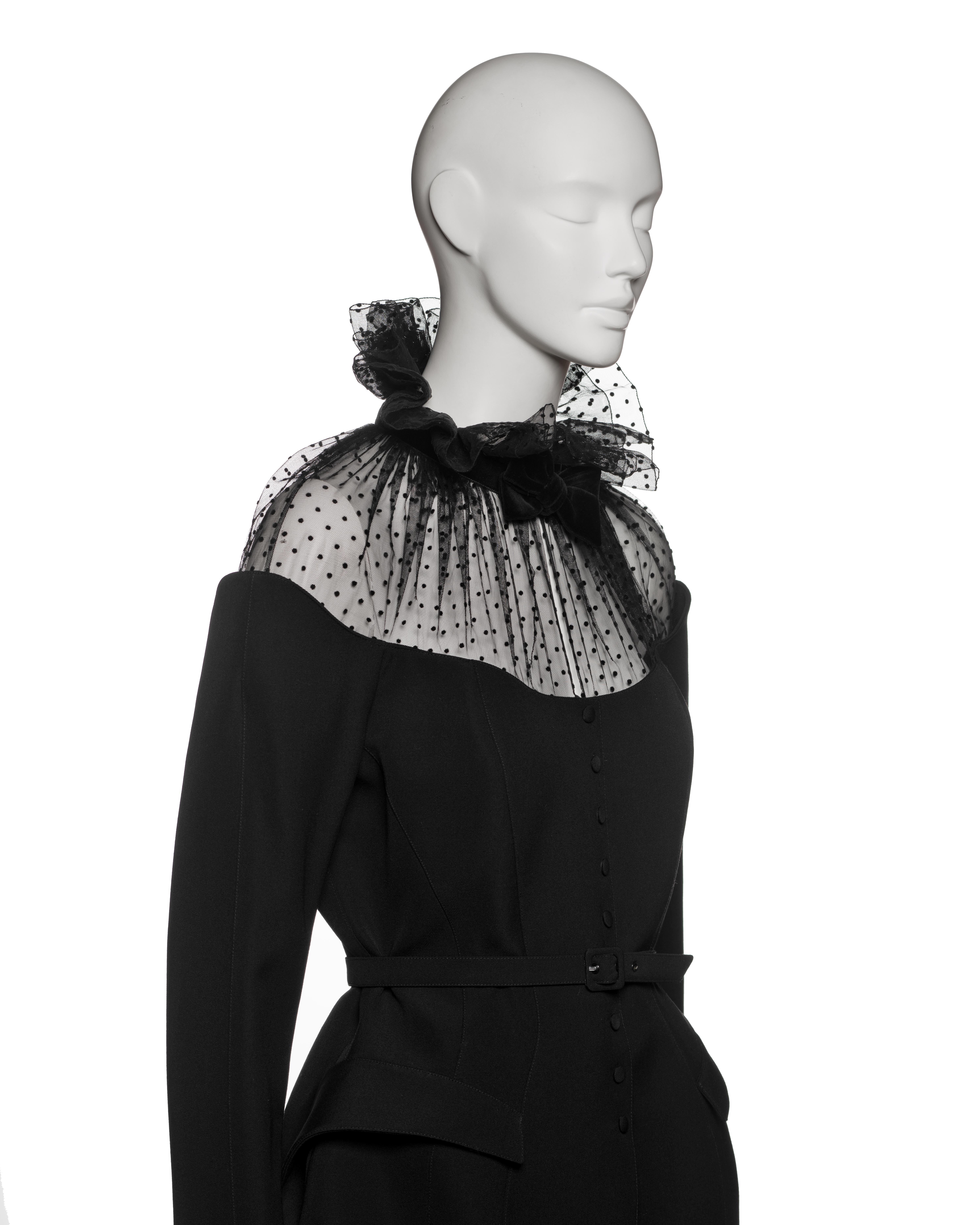 Thierry Mugler Black Wool Peplum Skirt Suit with Point d’Esprit Trim, FW 1995 2