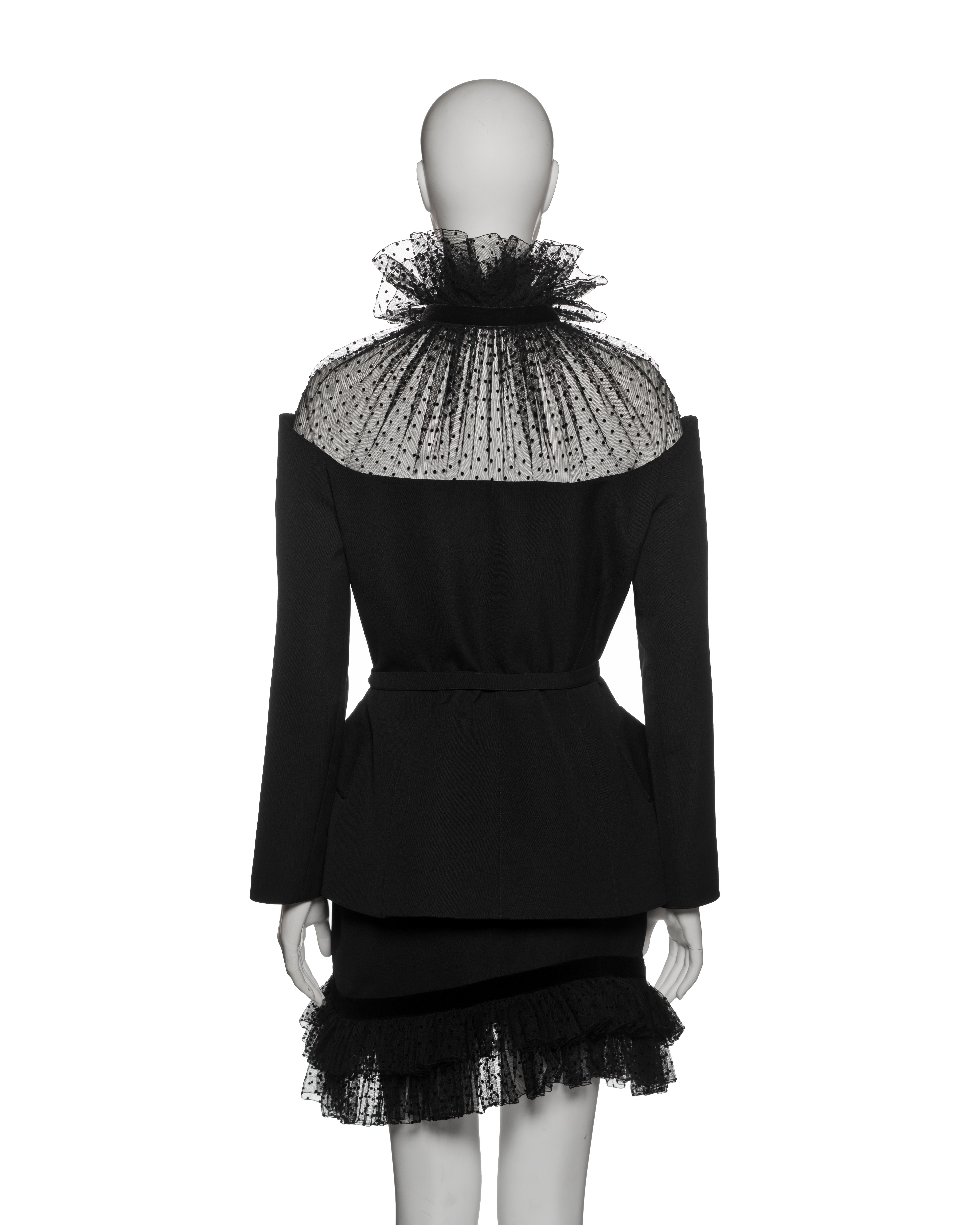Thierry Mugler Black Wool Peplum Skirt Suit with Point d’Esprit Trim, FW 1995 5