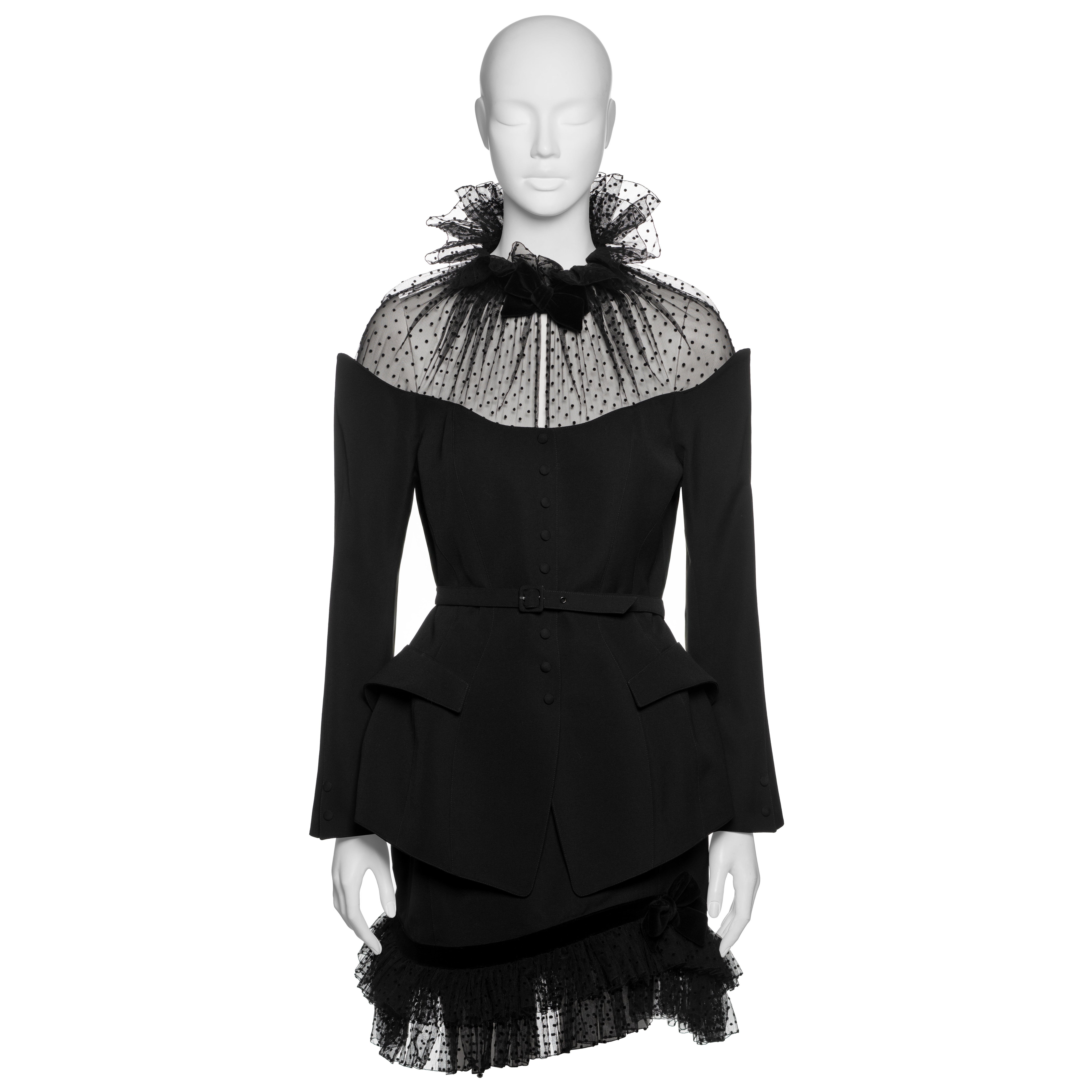 Thierry Mugler Black Wool Peplum Skirt Suit with Point d’Esprit Trim, FW 1995