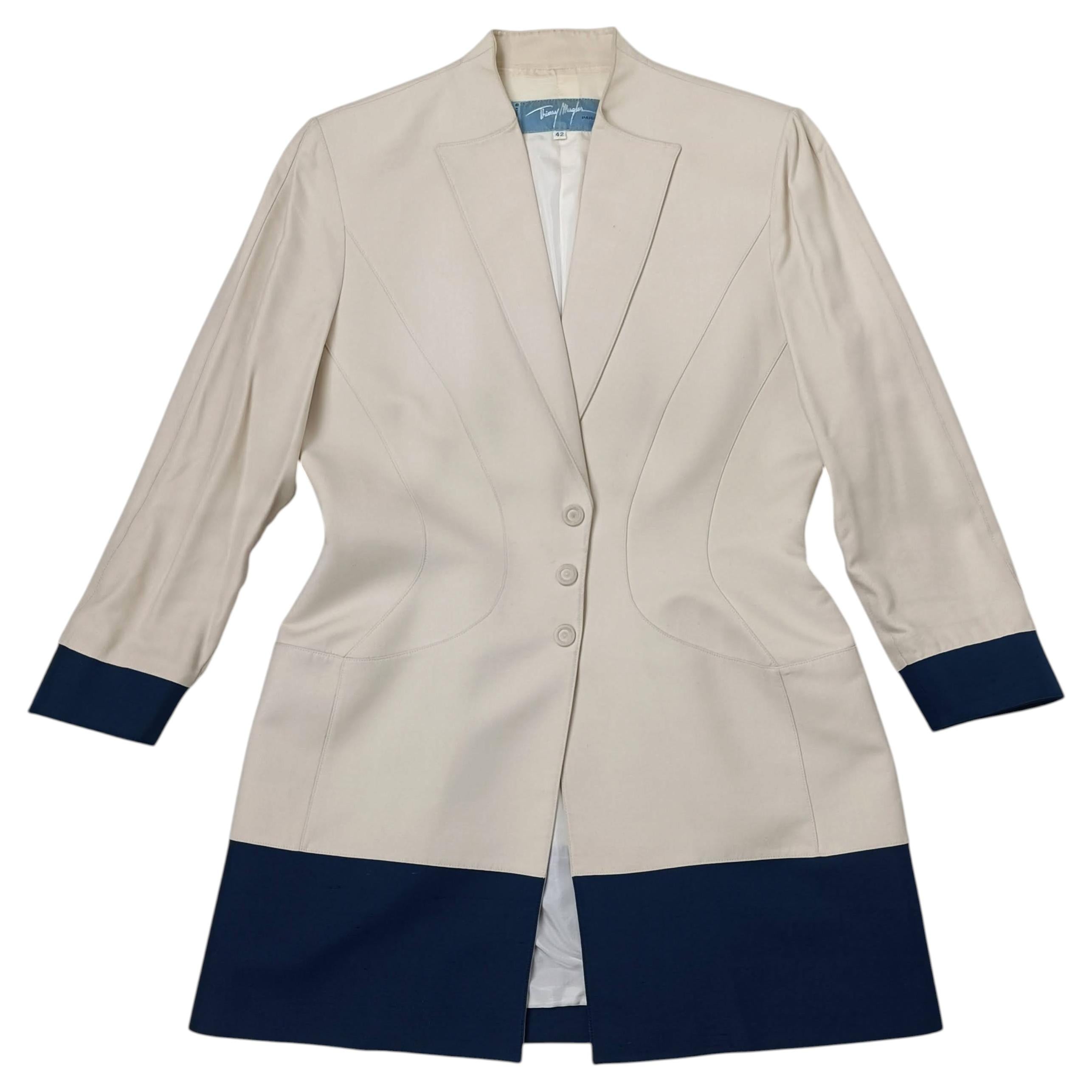 Thierry Mugler vintage beige and blue 1990s silk blazer