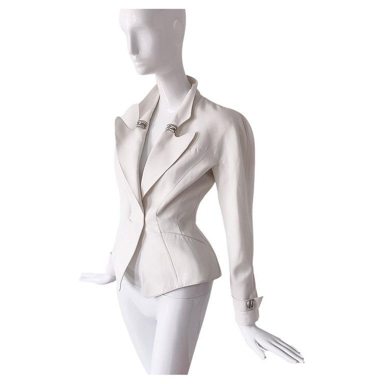 Thierry Mugler Blazer Jacket Off White Metal Details Dramatic Collar For  Sale at 1stDibs | off white blazer jacket