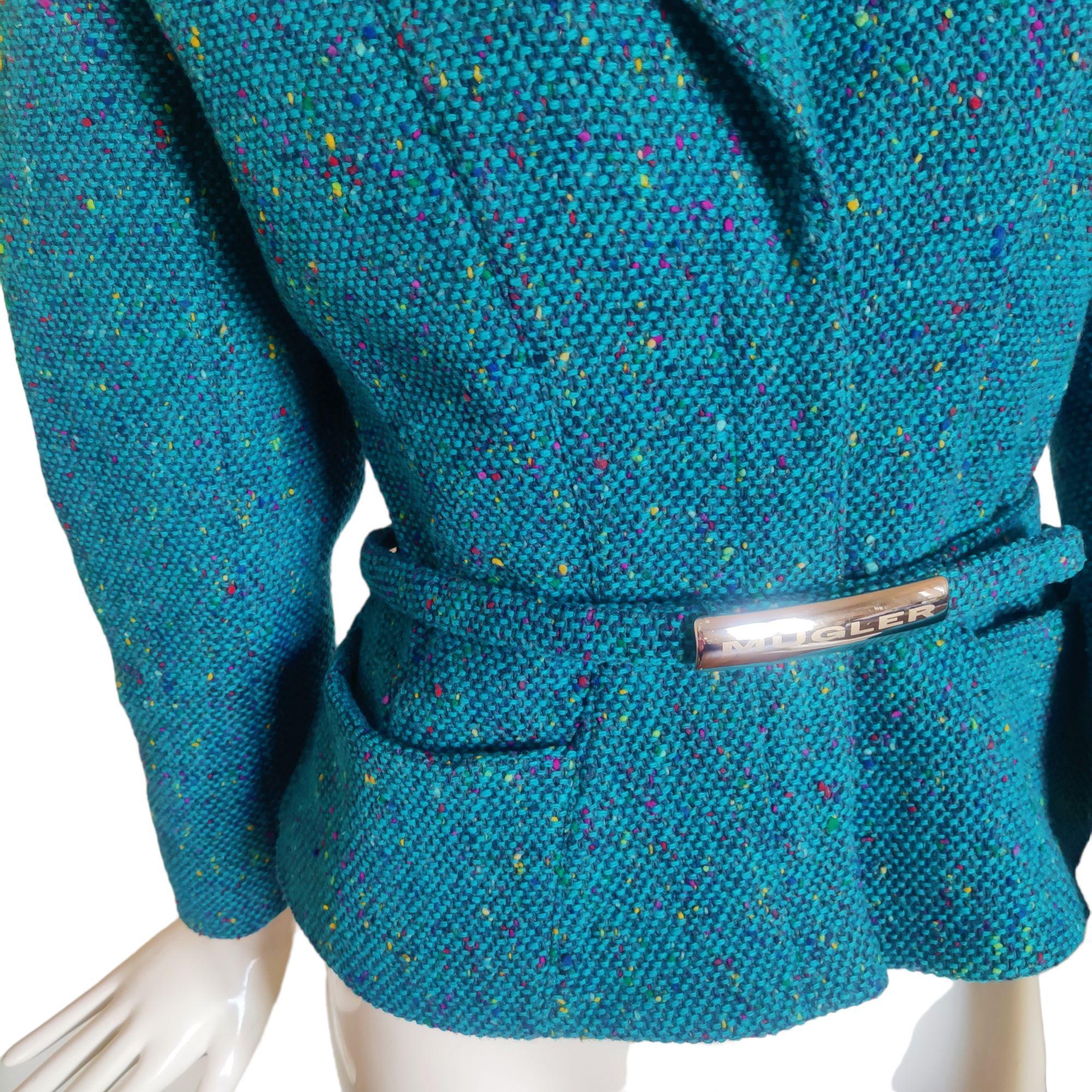 Thierry Mugler Blue Green Tweed Wasp Waist Bee Belt Runway Top Blazer Jakcet 2