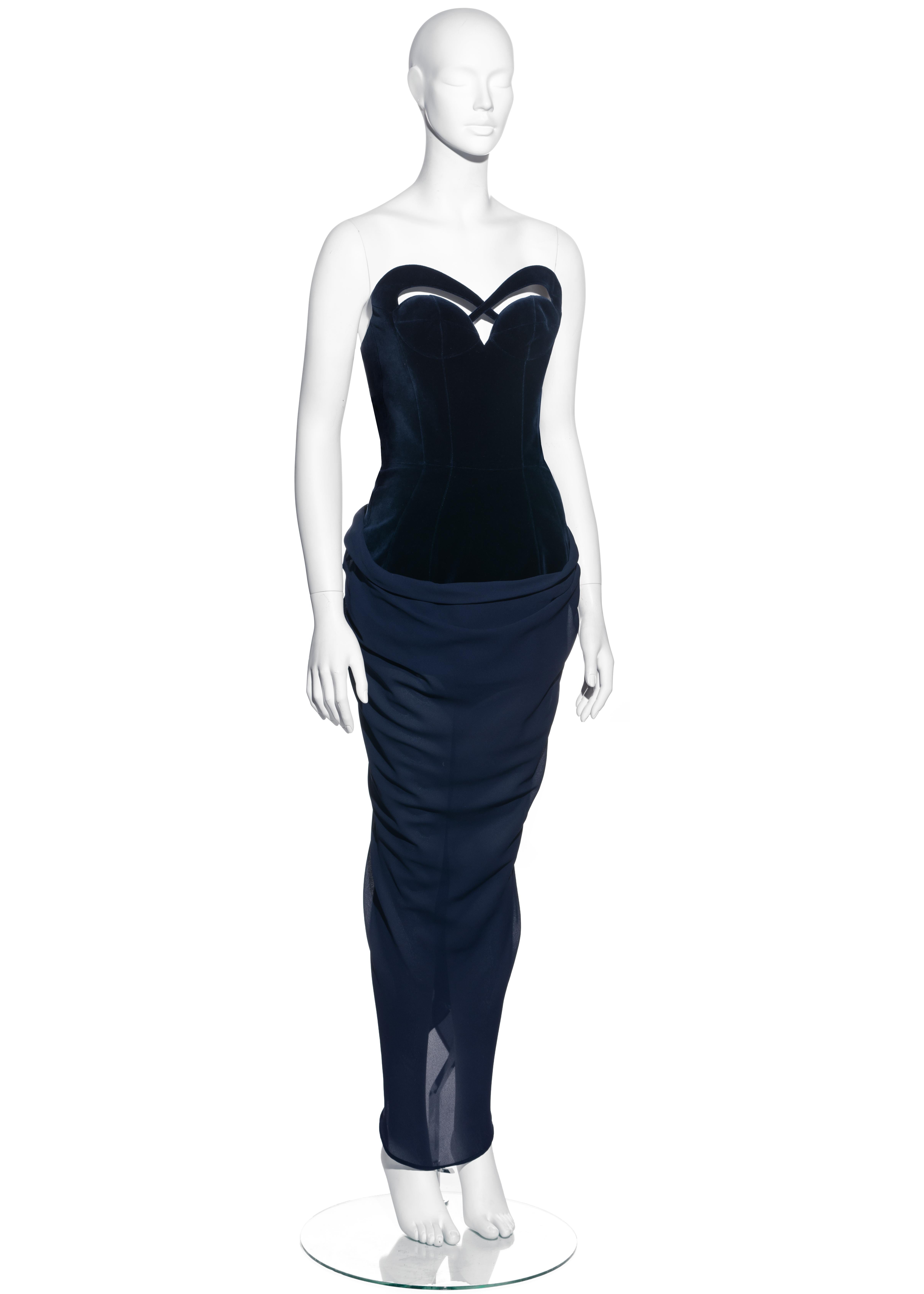 Black Thierry Mugler blue velvet corseted evening dress with chiffon skirt, fw 1998