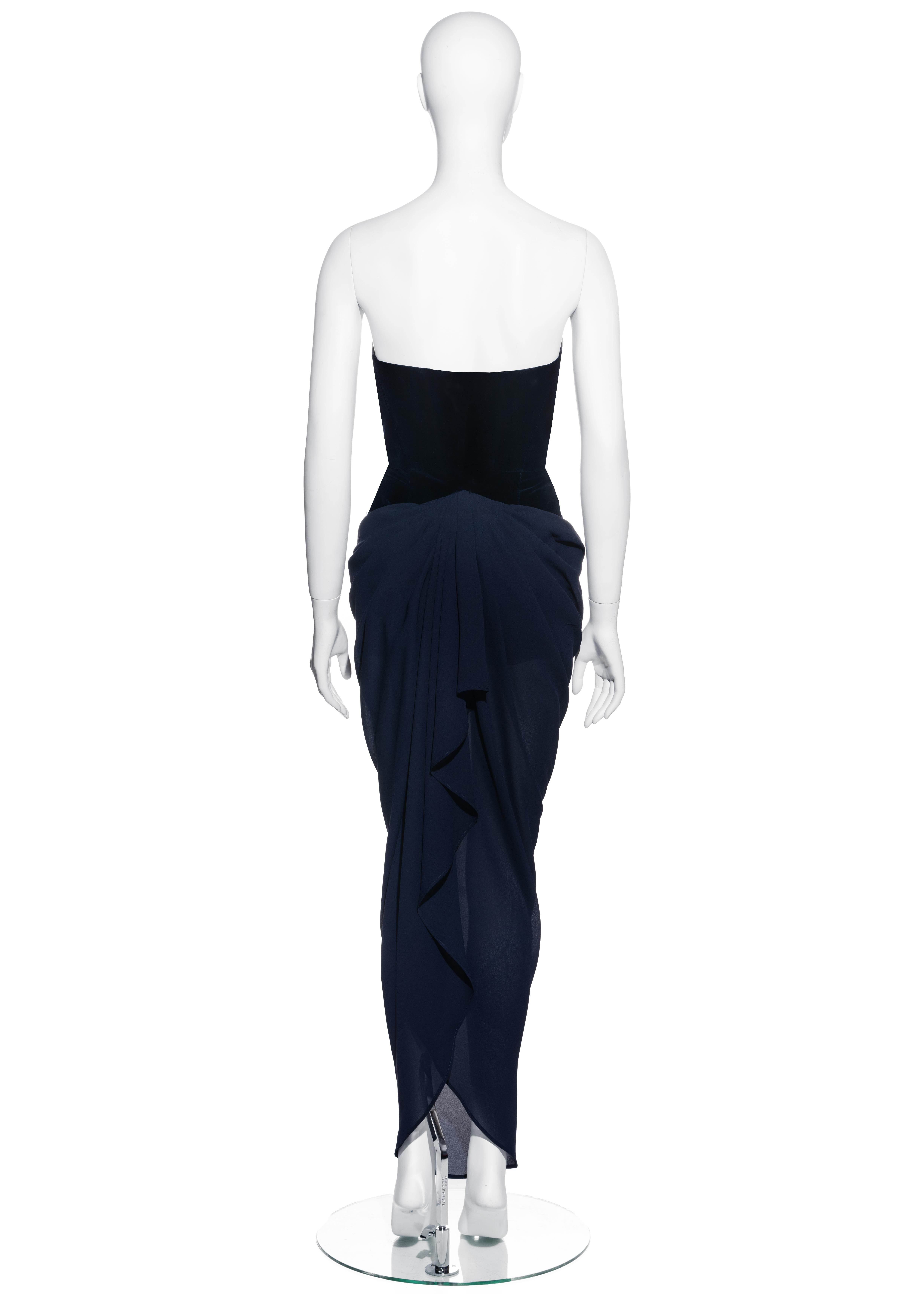 Thierry Mugler blue velvet corseted evening dress with chiffon skirt, fw 1998 In Excellent Condition In London, GB