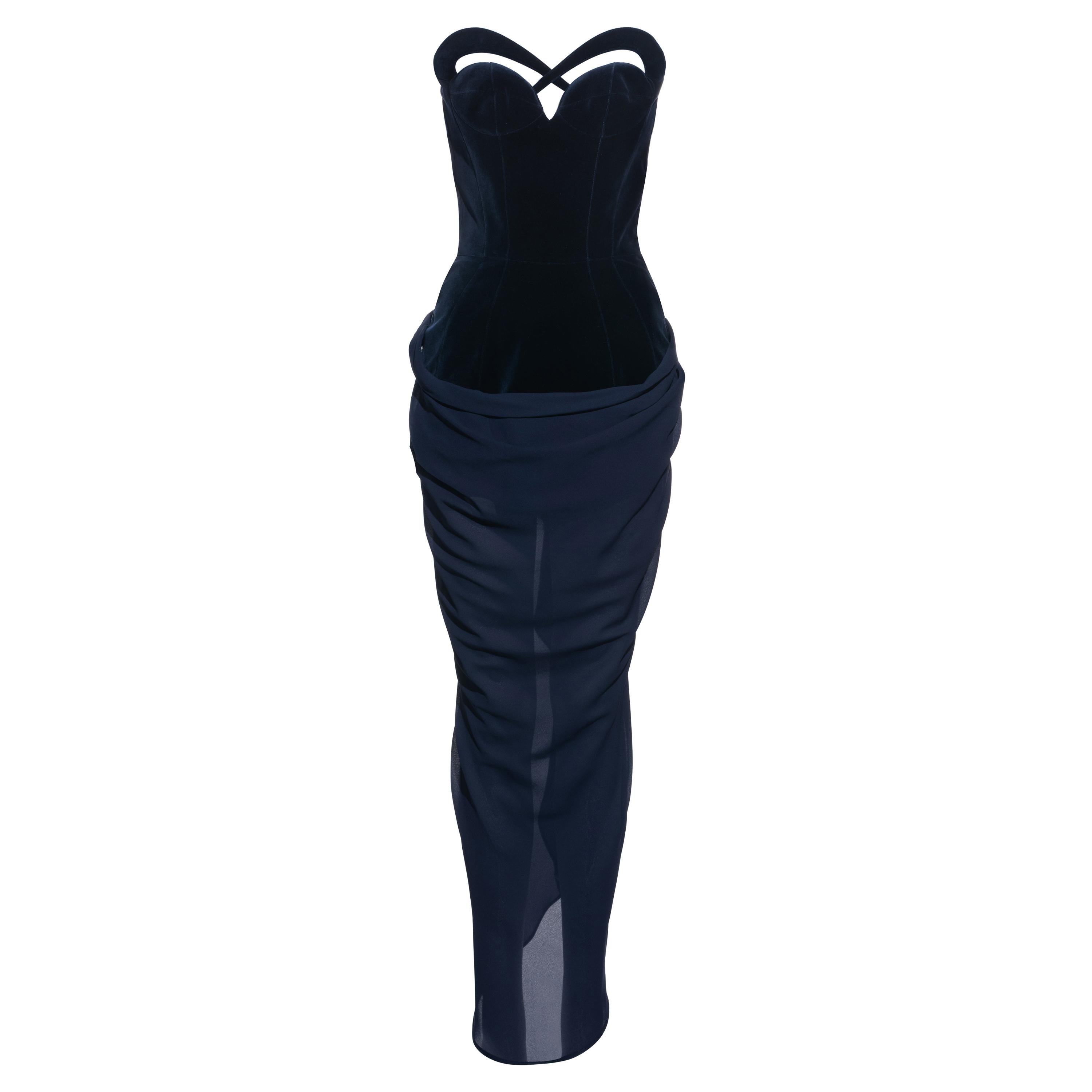 Thierry Mugler blue velvet corseted evening dress with chiffon skirt, fw 1998