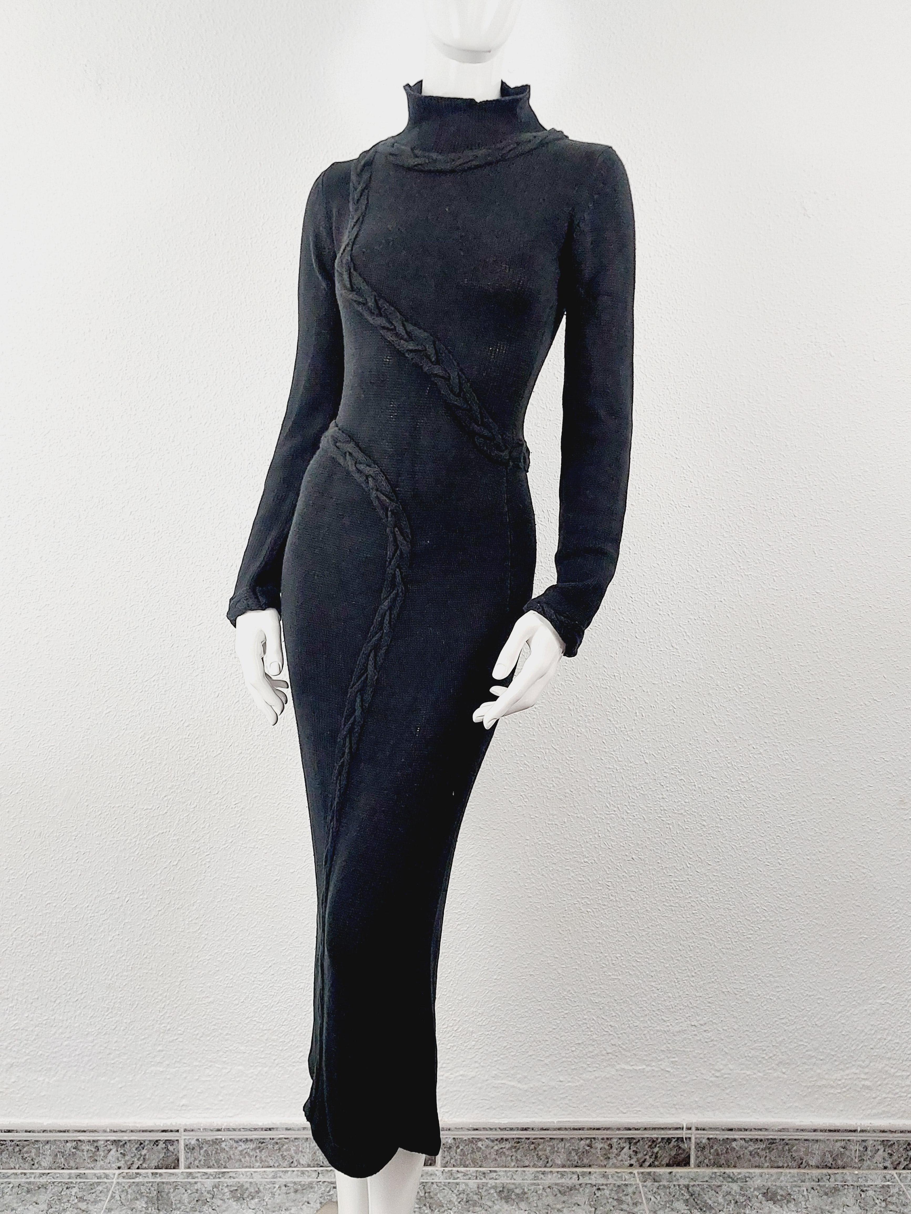 Thierry Mugler Braid Braided Knitted Black Embroidered Spiral Weave Maxi Dress In Excellent Condition For Sale In PARIS, FR