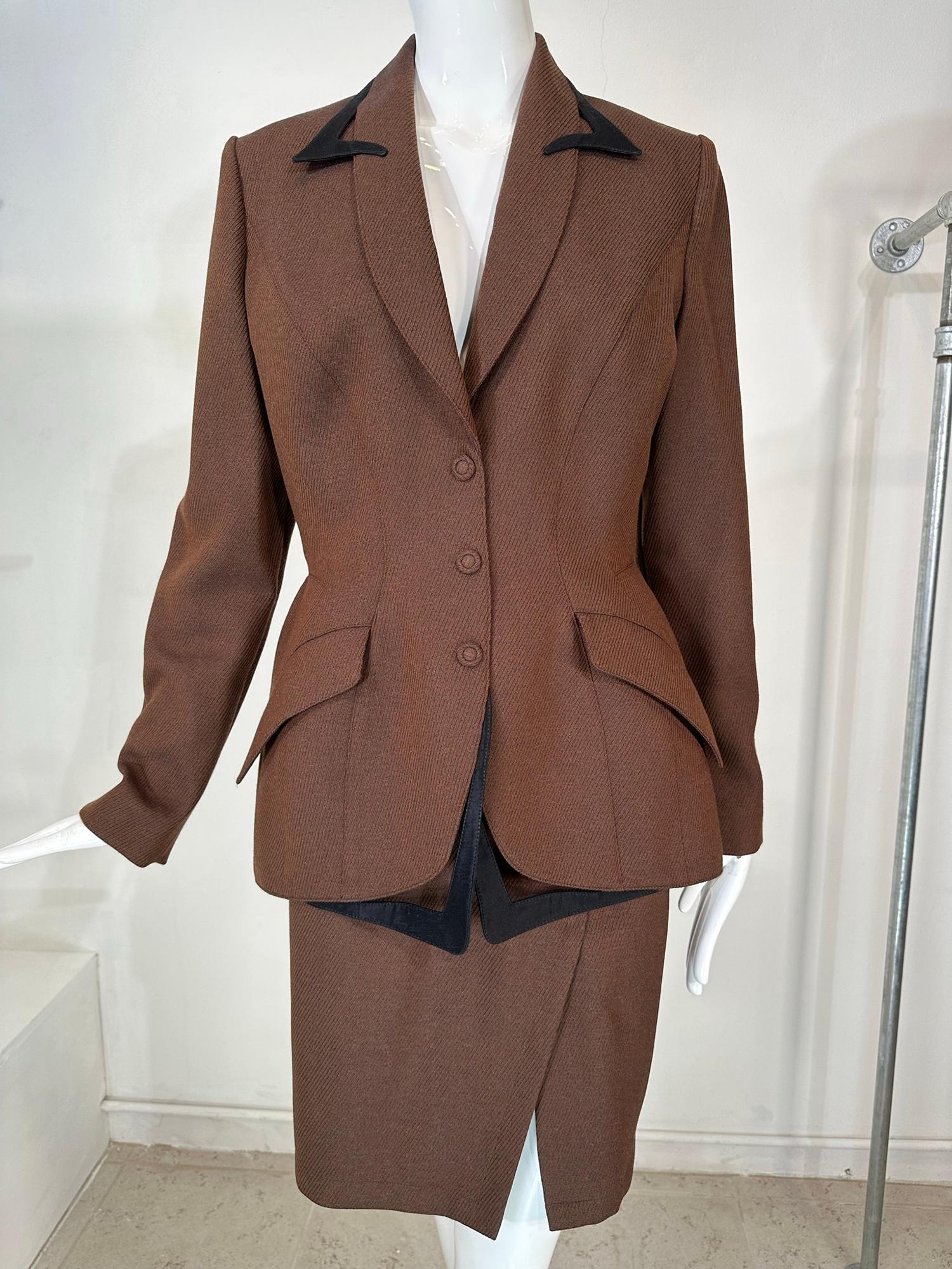 Thierry Mugler Brown Wool Twill Skirt Set Cut Out Collar & Hem 1980s 40 For Sale 7