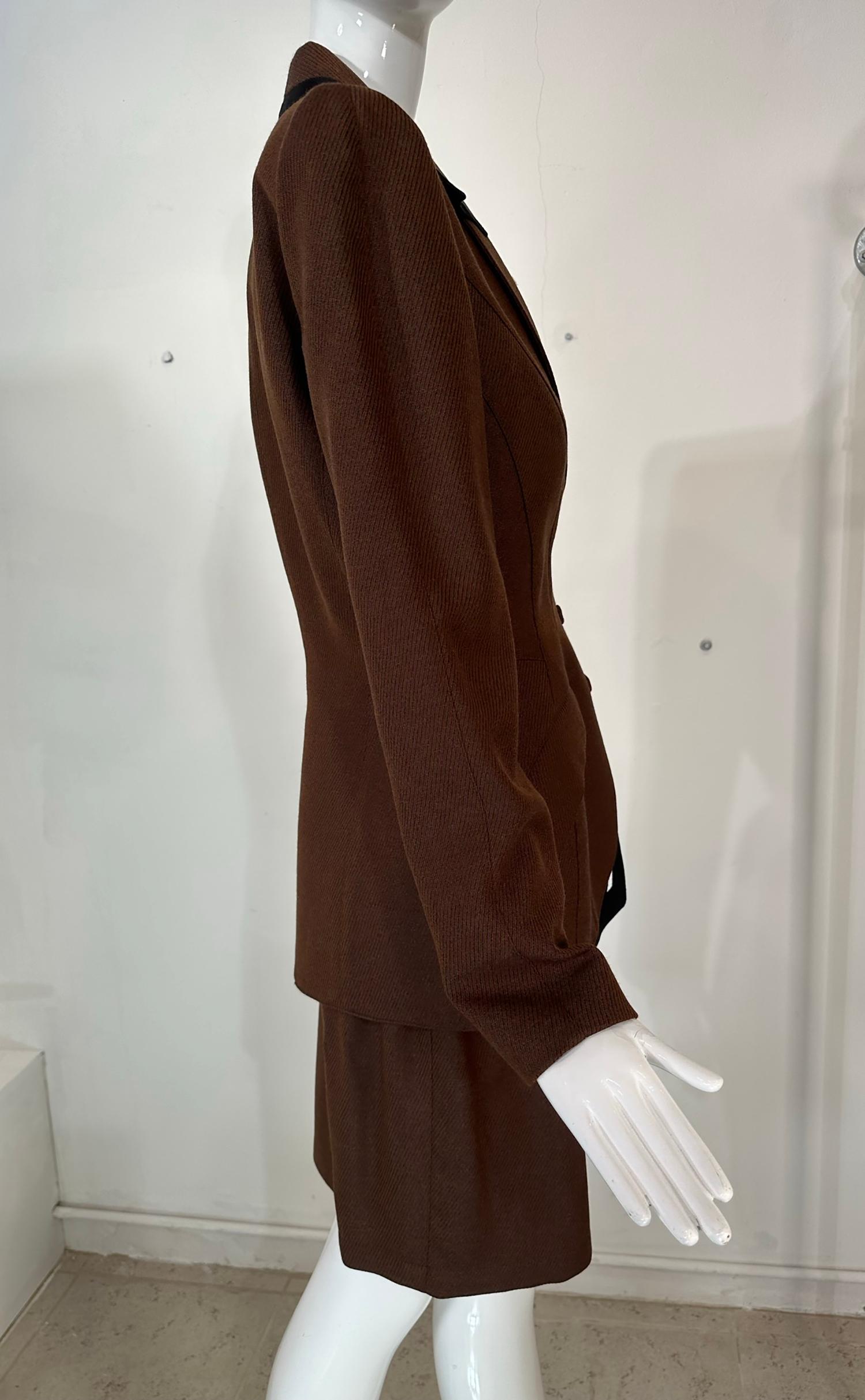 Thierry Mugler Brown Wool Twill Skirt Set Cut Out Collar & Hem 1980s 40 In Good Condition For Sale In West Palm Beach, FL