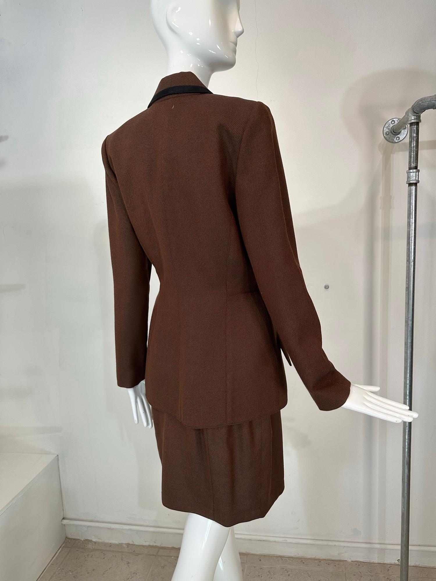 Women's Thierry Mugler Brown Wool Twill Skirt Set Cut Out Collar & Hem 1980s 40 For Sale