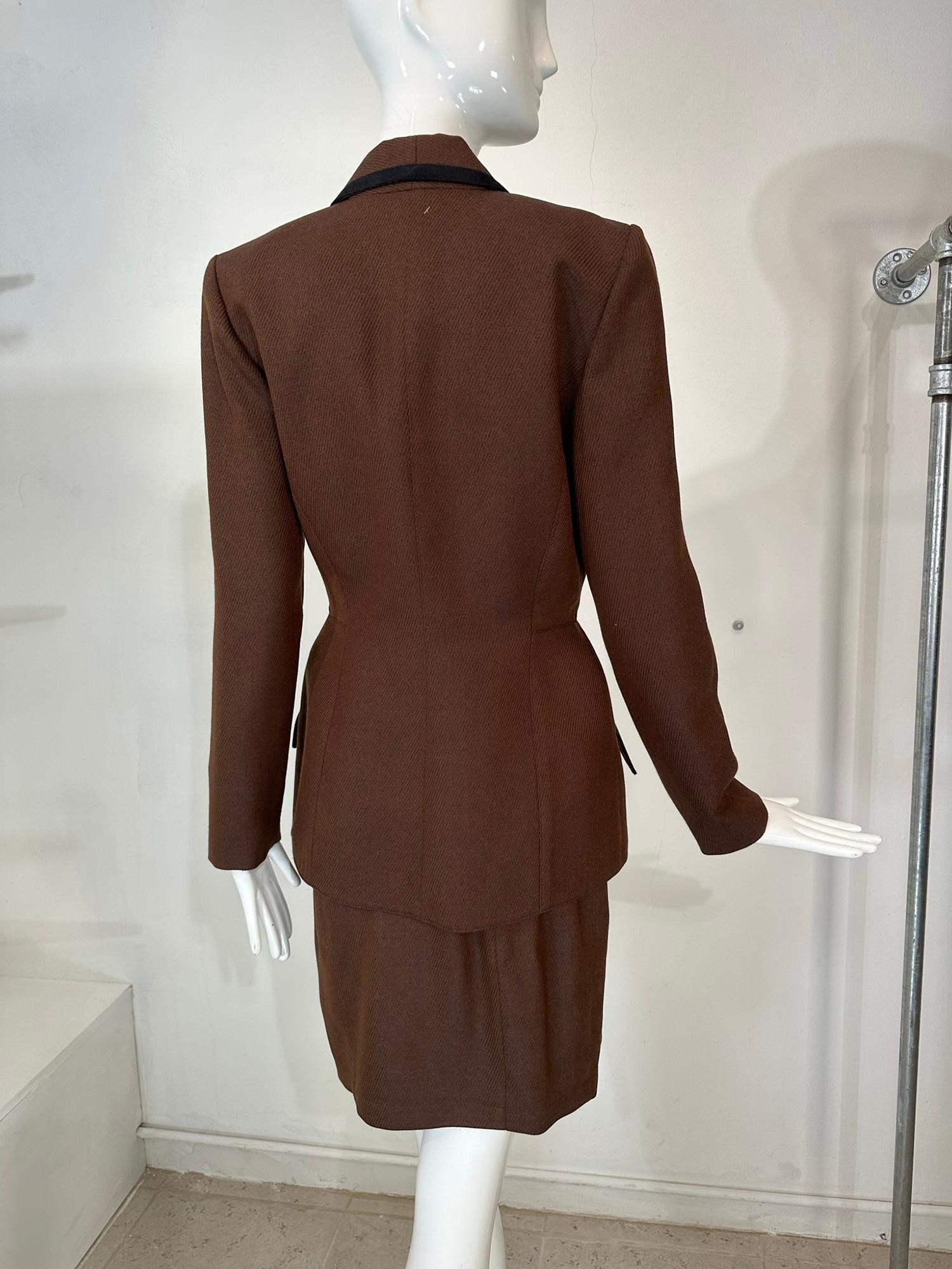 Thierry Mugler Brown Wool Twill Skirt Set Cut Out Collar & Hem 1980s 40 For Sale 1