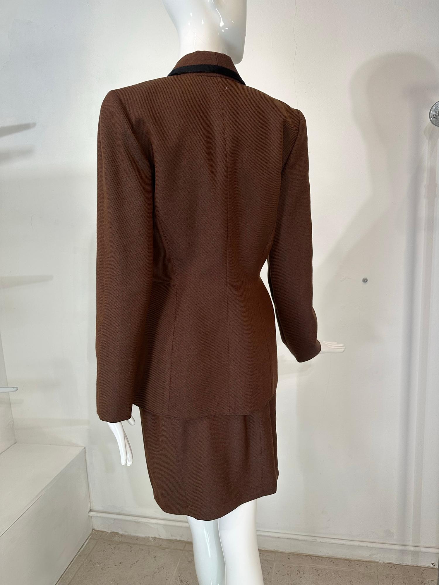 Thierry Mugler Brown Wool Twill Skirt Set Cut Out Collar & Hem 1980s 40 For Sale 2