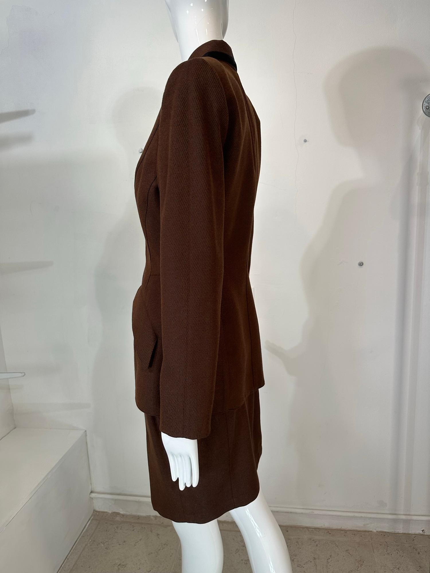 Thierry Mugler Brown Wool Twill Skirt Set Cut Out Collar & Hem 1980s 40 For Sale 3